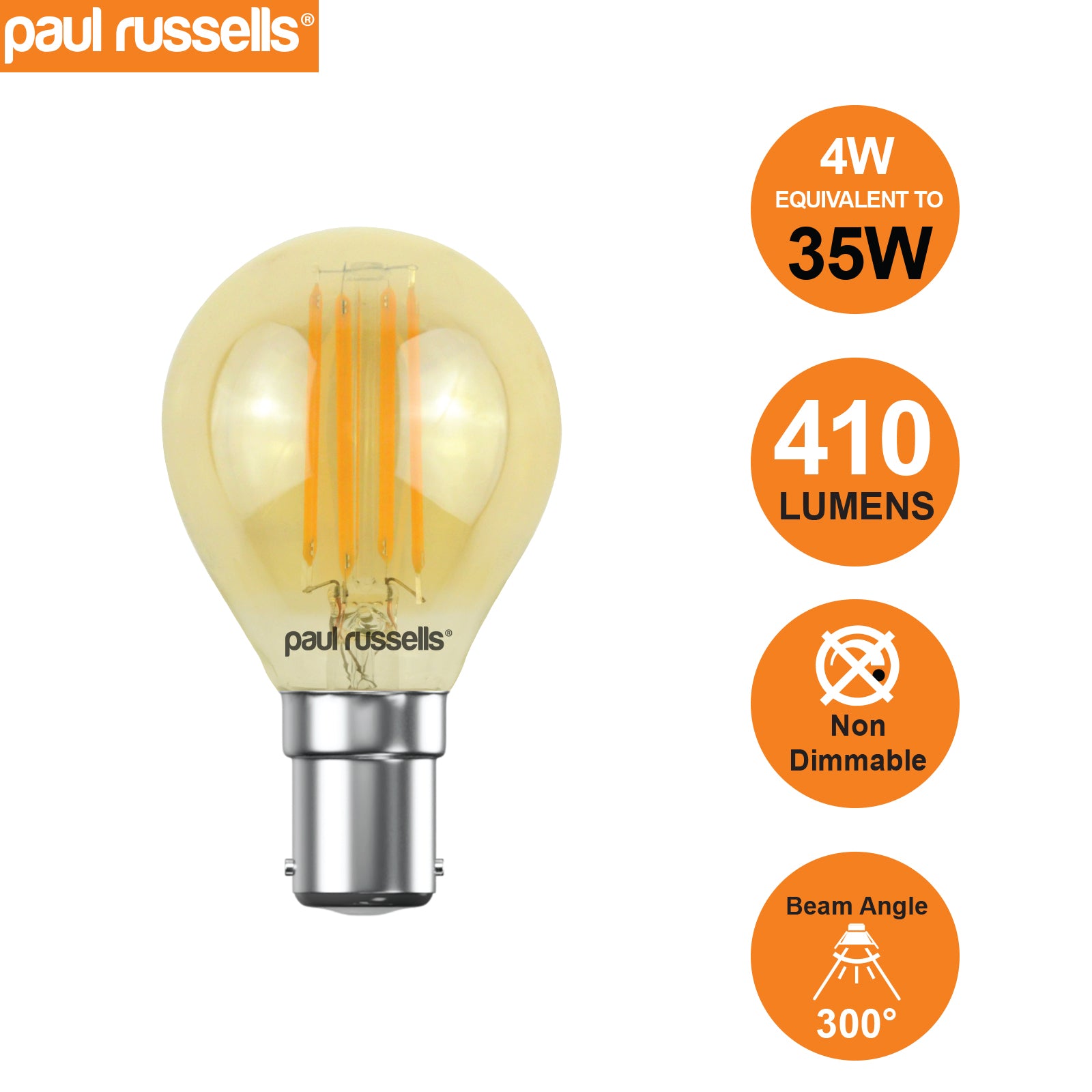 LED Filament Golf 4W (35w), SBC/B15, 410 Lumens, Extra Warm White(2200K), 240V