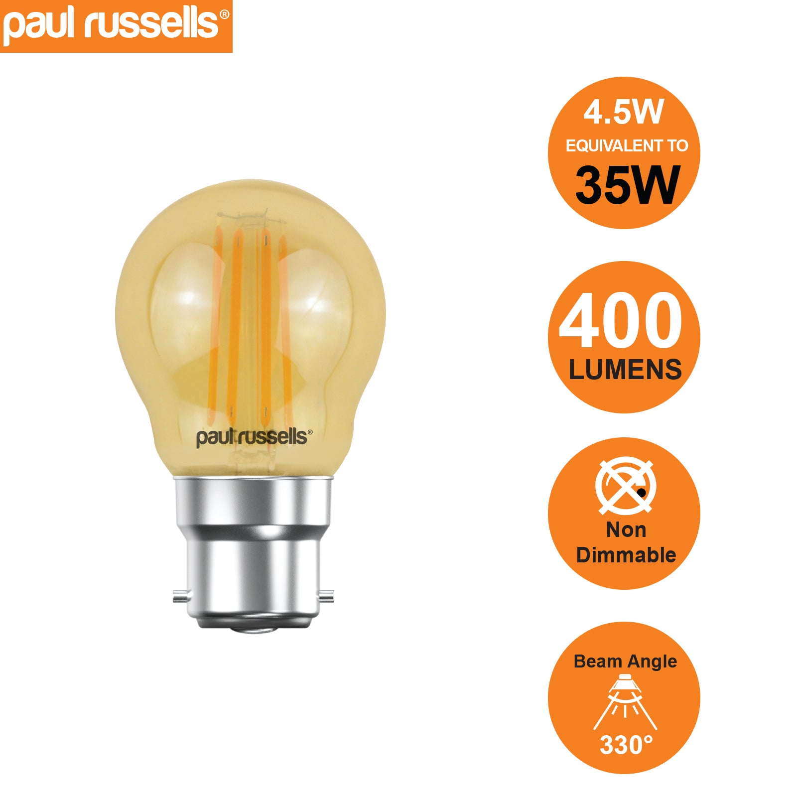 LED Filament Golf 4.5W (35w), BC/B22, 400 Lumens, Extra Warm White(2200K), 240V