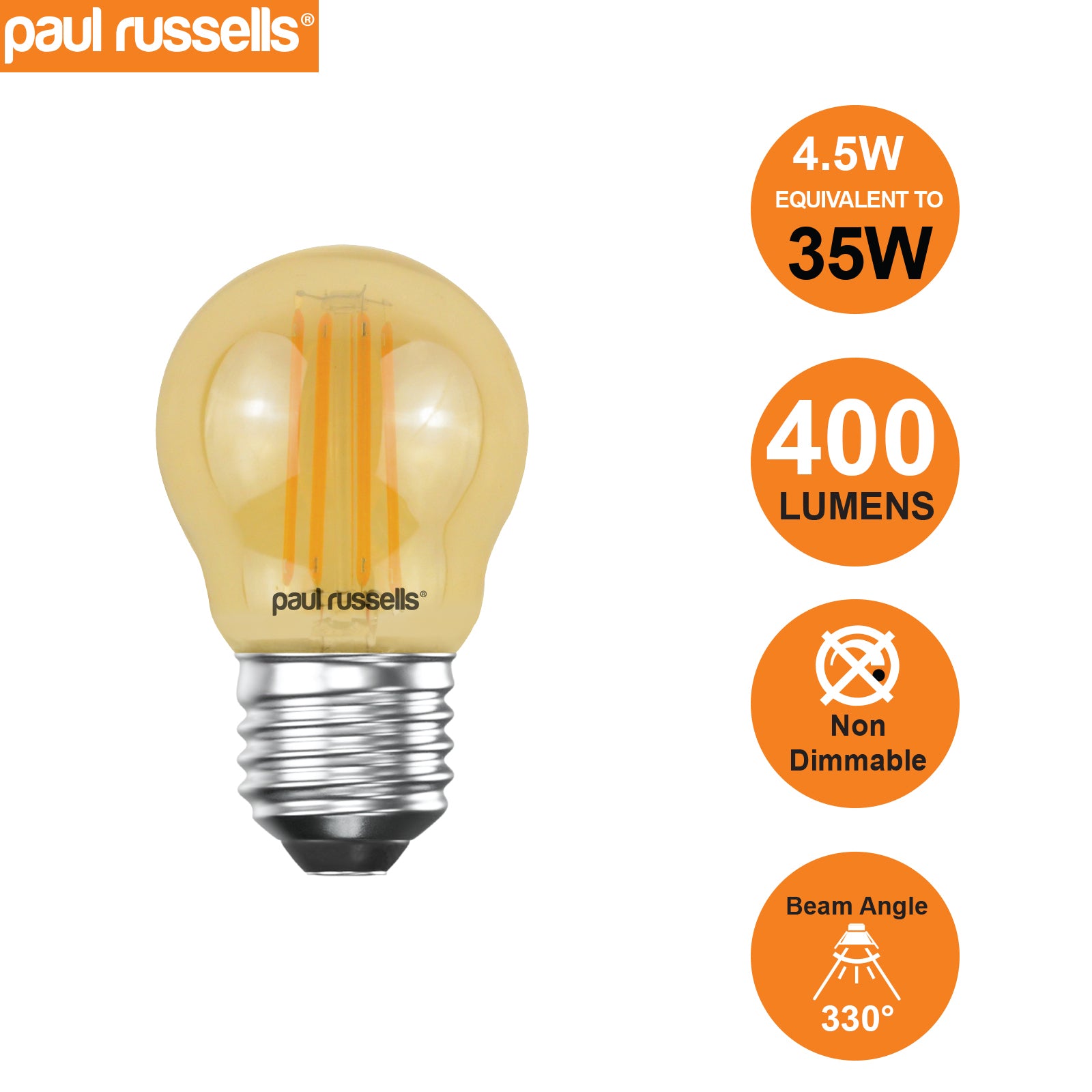 LED Filament Golf 4.5W (35w), ES/E27, 400 Lumens, Extra Warm White(2200K), 240V