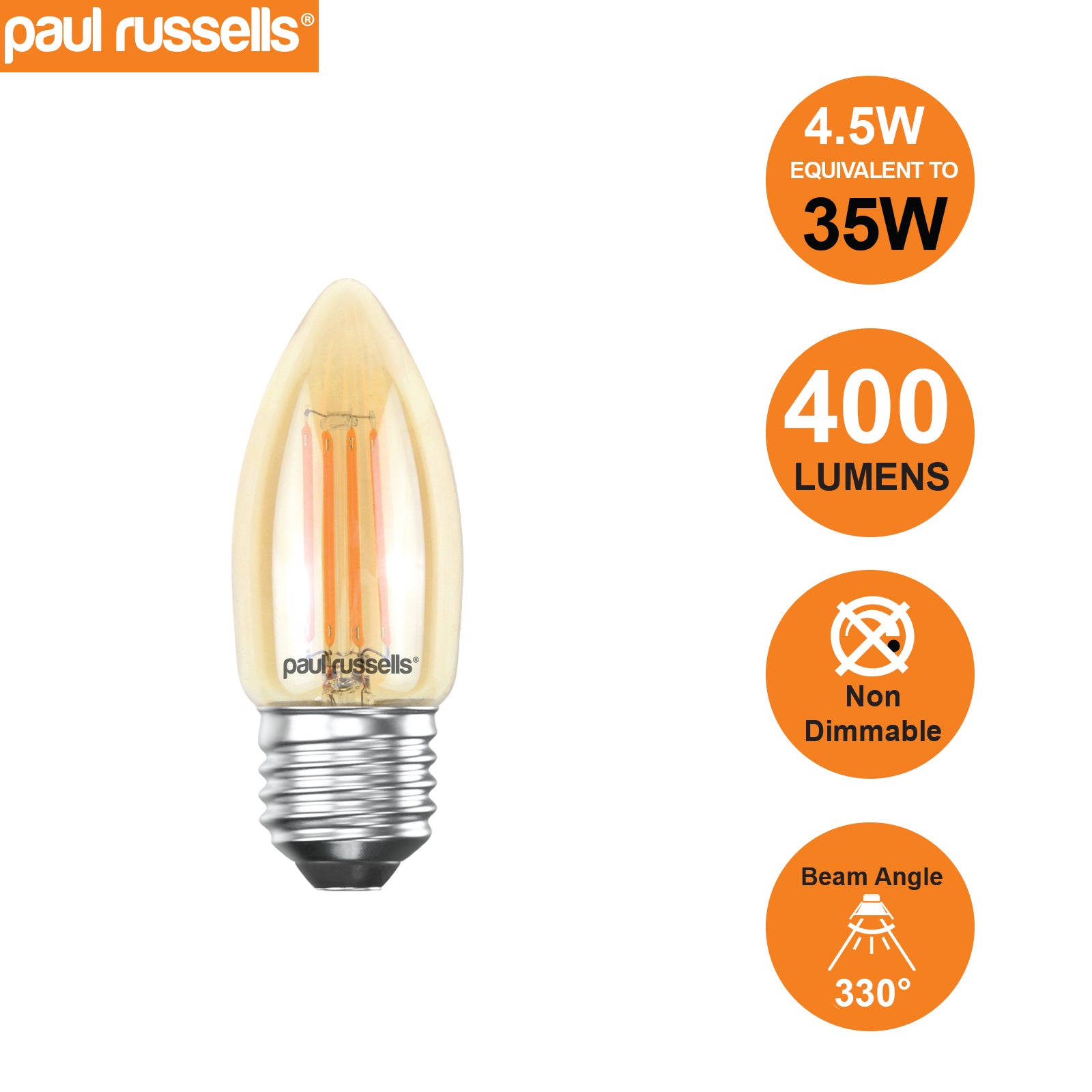 LED Filament Candle 4.5W (35w), ES/E27, 400 Lumens, Extra Warm White(2200K), 240V