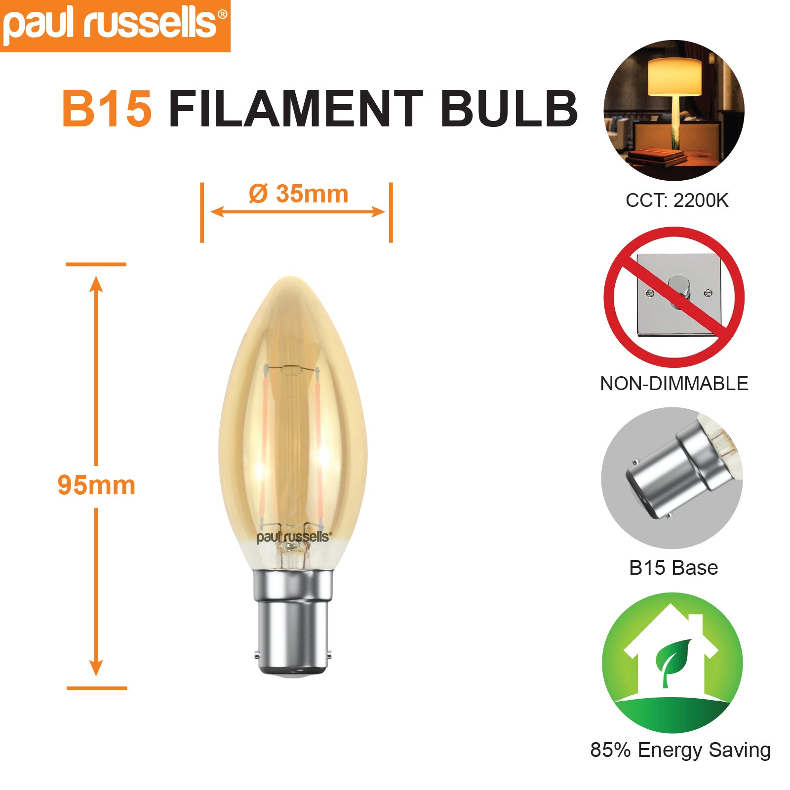 LED Filament Candle 2.5W (20w), SBC/B15, 200 Lumens, Extra Warm White(2200K), 240V