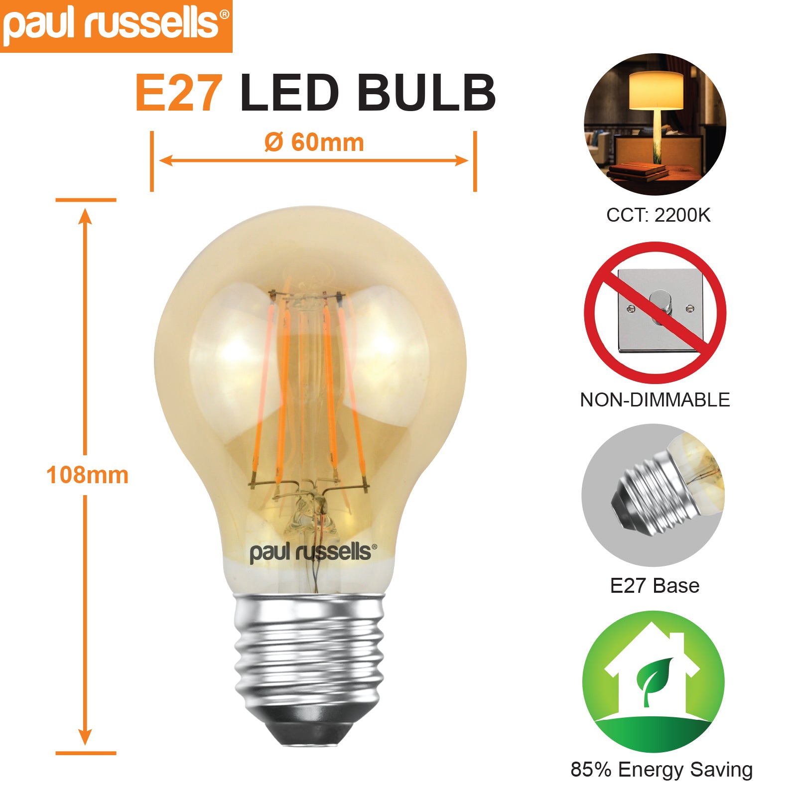 LED Filament GLS 7W (50w), ES/E27, 680 Lumens, Extra Warm White(2200K), 240V