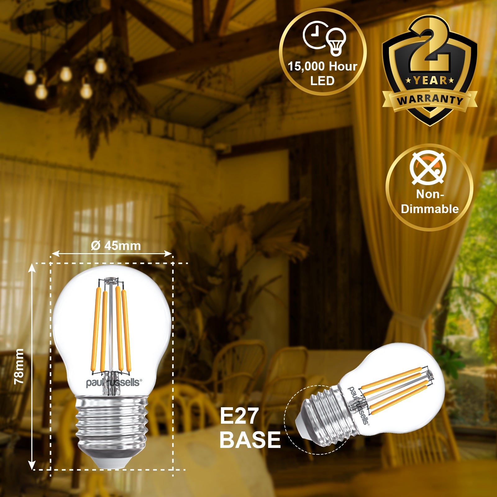 LED Filament Golf 4.5W (40w), ES/E27, 470 Lumens, Warm White(2700K), 240V