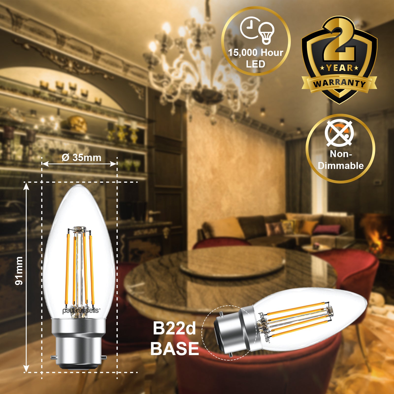 LED Filament Candle 4.5W (40w), BC/B22, 470 Lumens, Warm White(2700K), 240V