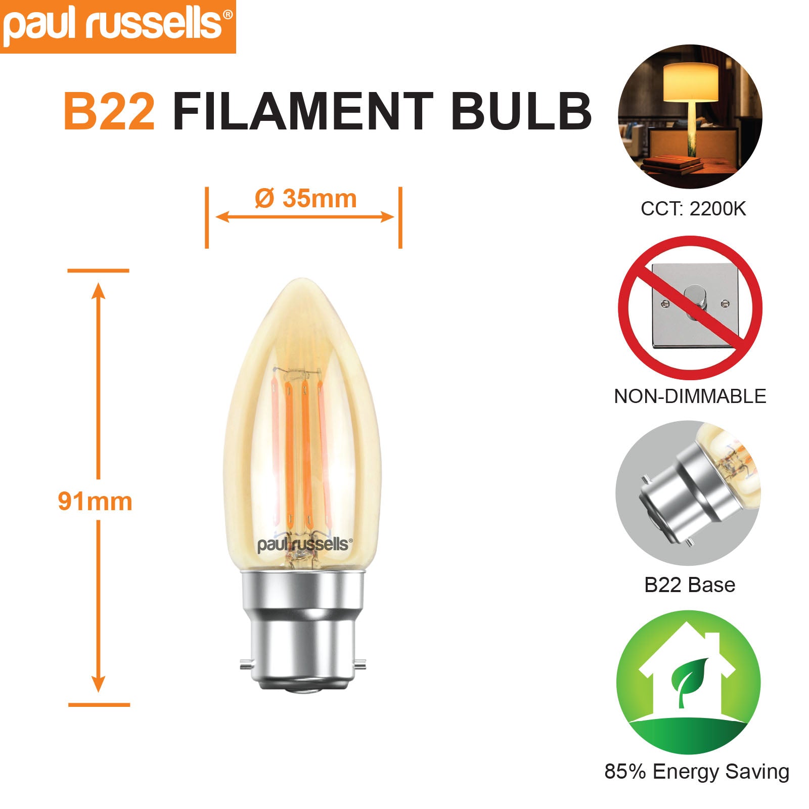 LED Filament Candle 4.5W (35w), BC/B22, 400 Lumens, Extra Warm White(2200K), 240V