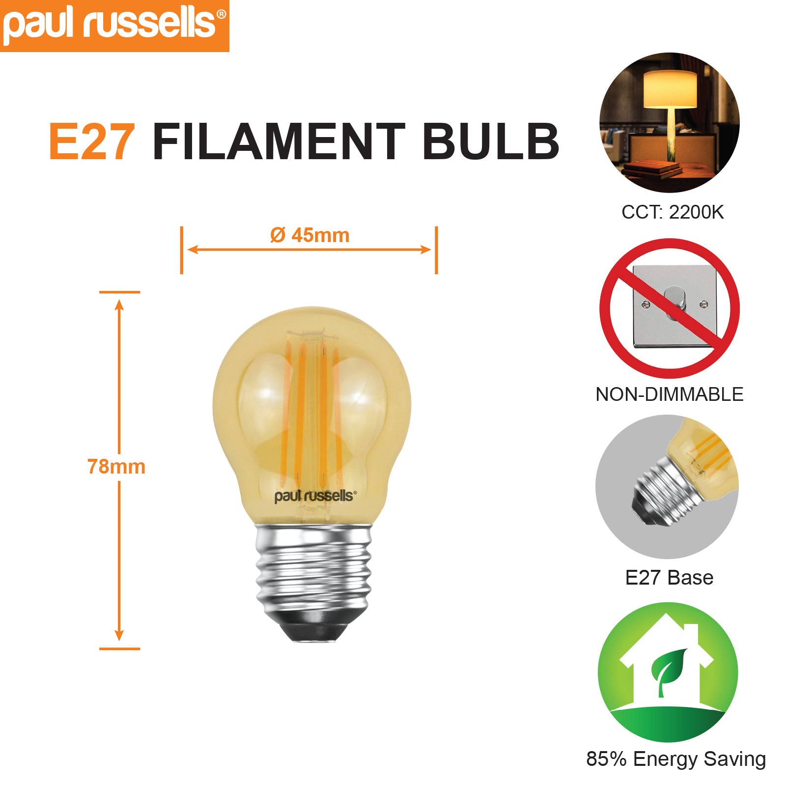 LED Filament Golf 4.5W (35w), ES/E27, 400 Lumens, Extra Warm White(2200K), 240V