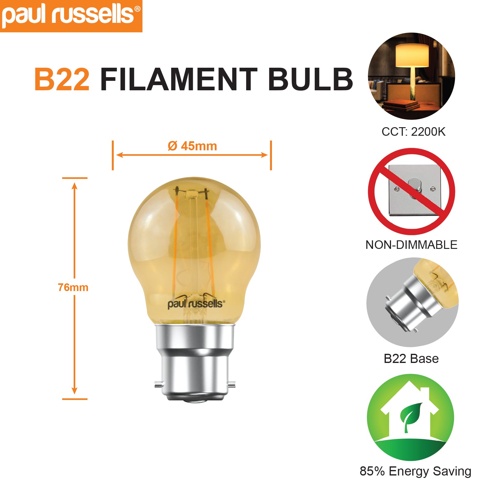 LED Filament Golf 2.5W (20w), BC/B22, 200 Lumens, Extra Warm White(2200K), 240V