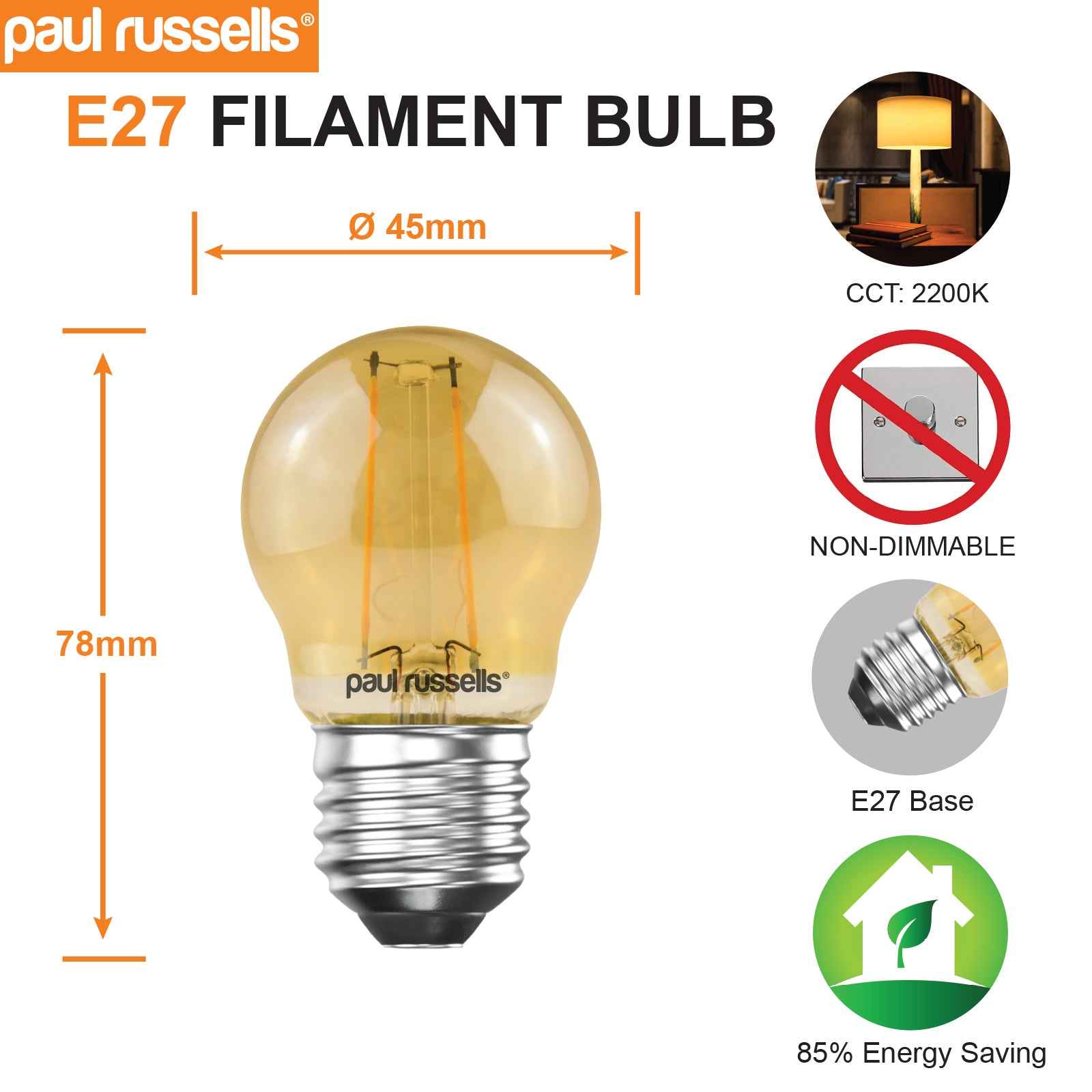 LED Filament Golf 2.5W (20w), ES/E27, 200 Lumens, Extra Warm White(2200K), 240V