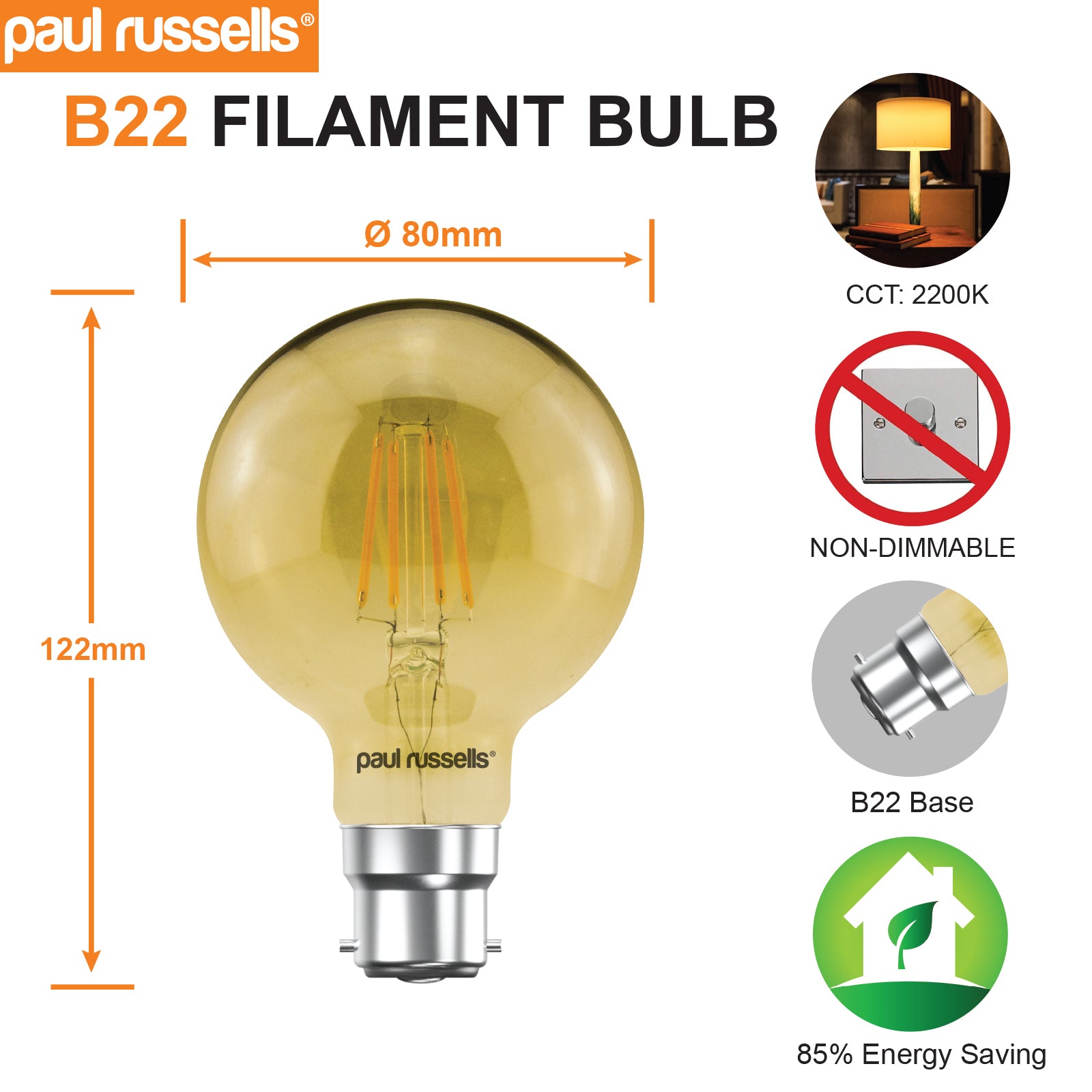 LED Filament G80 4.5W (35w), BC/B22, 400 Lumens, Extra Warm White(2200K), 240V