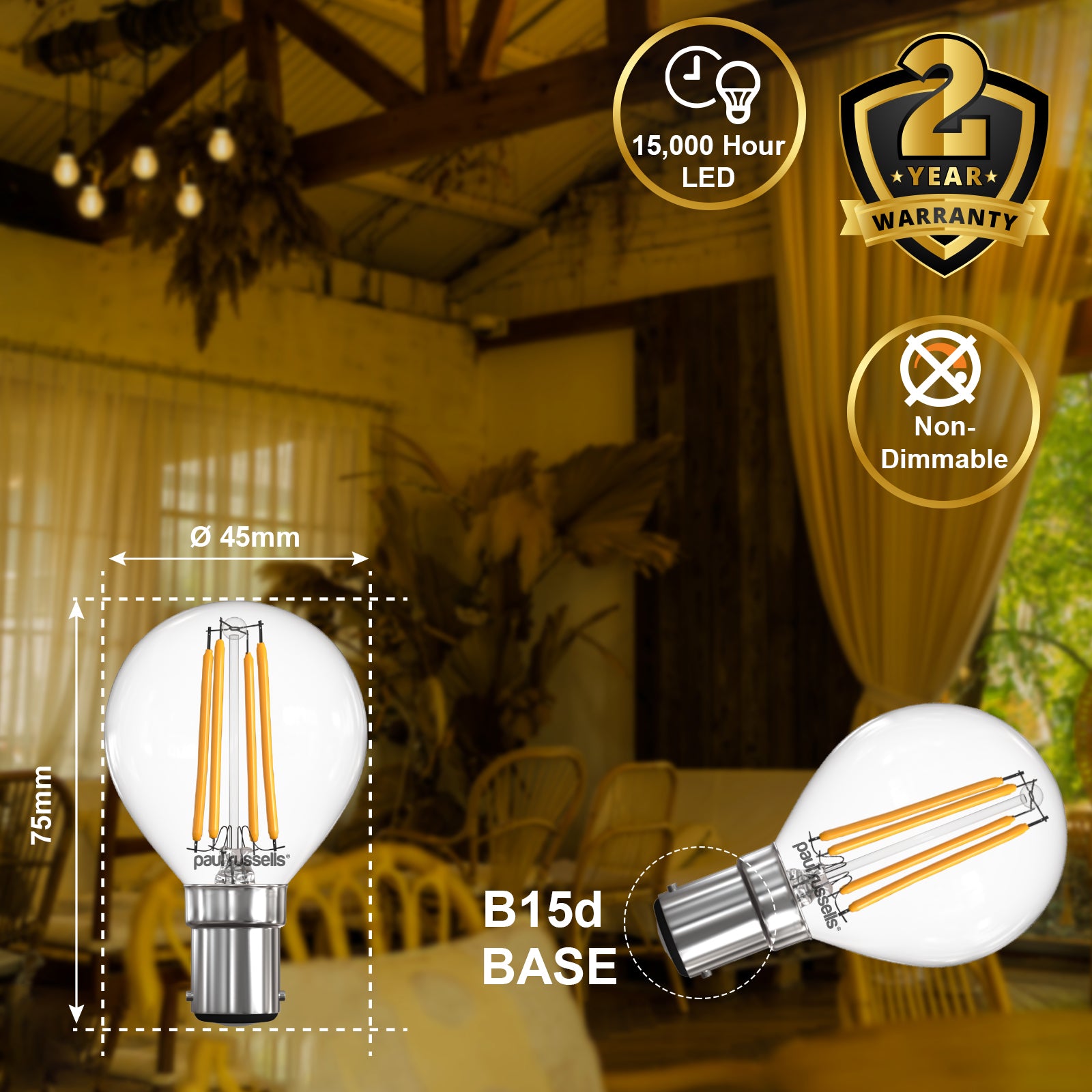 LED Filament Golf 4W (40w), SBC/B15, 470 Lumens, Warm White(2700K), 240V