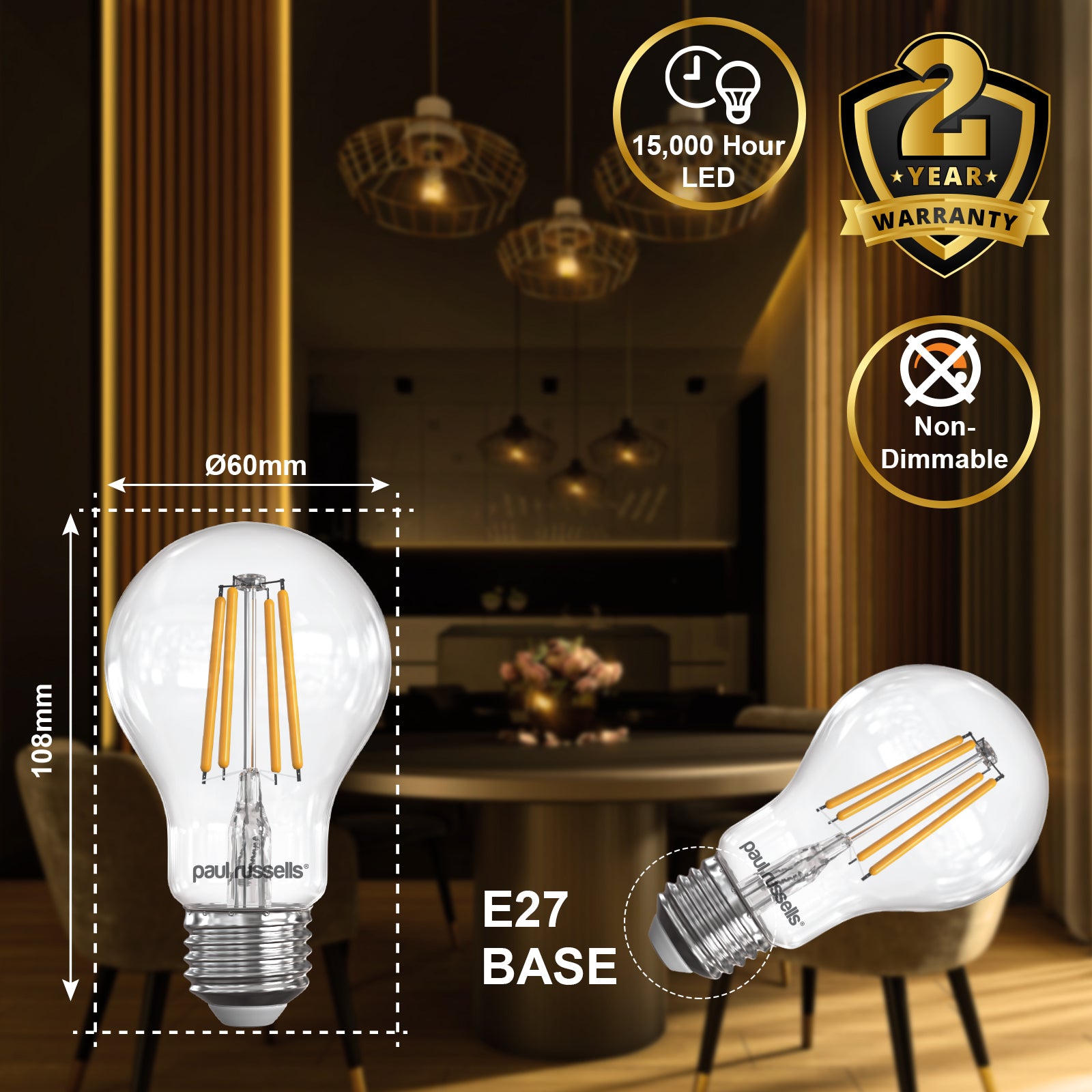 LED Filament GLS 4.5W (40w), ES/E27, 470 Lumens, Warm White(2700K), 240V