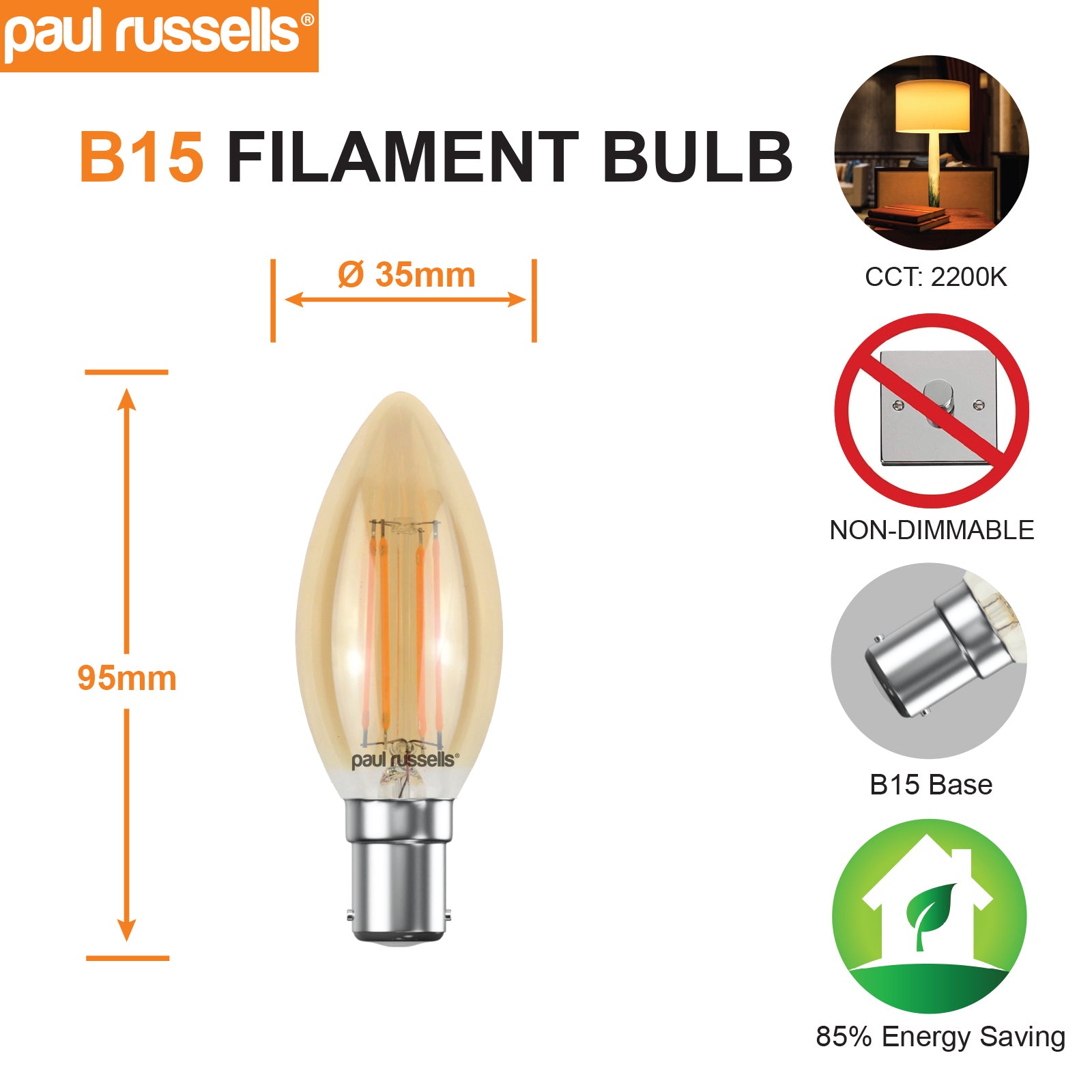 LED Filament Candle 4.5W (35w), SBC/B15, 400 Lumens, Extra Warm White(2200K), 240V