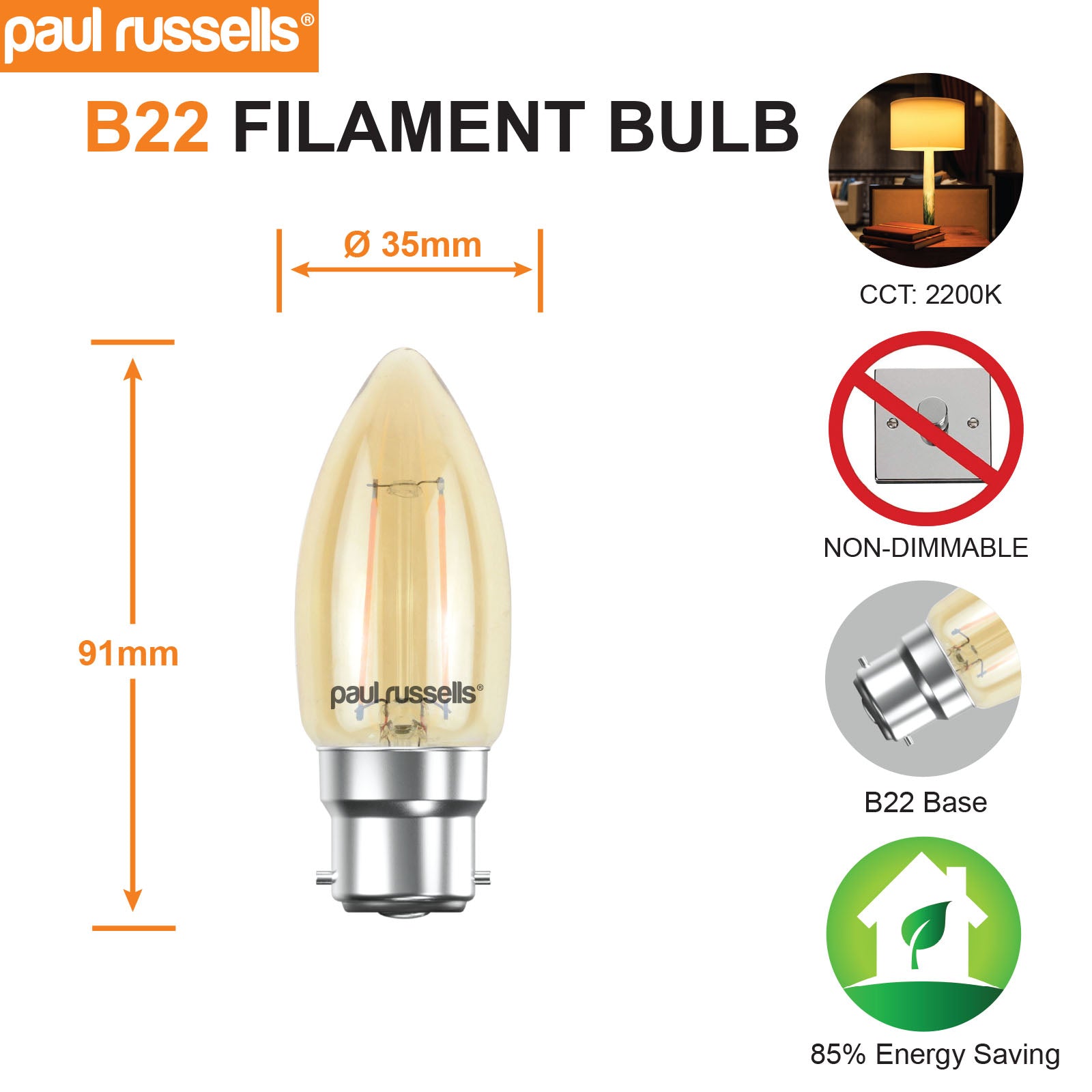 LED Filament Candle 2.5W (20w), BC/B22, 200 Lumens, Extra Warm White(2200K), 240V
