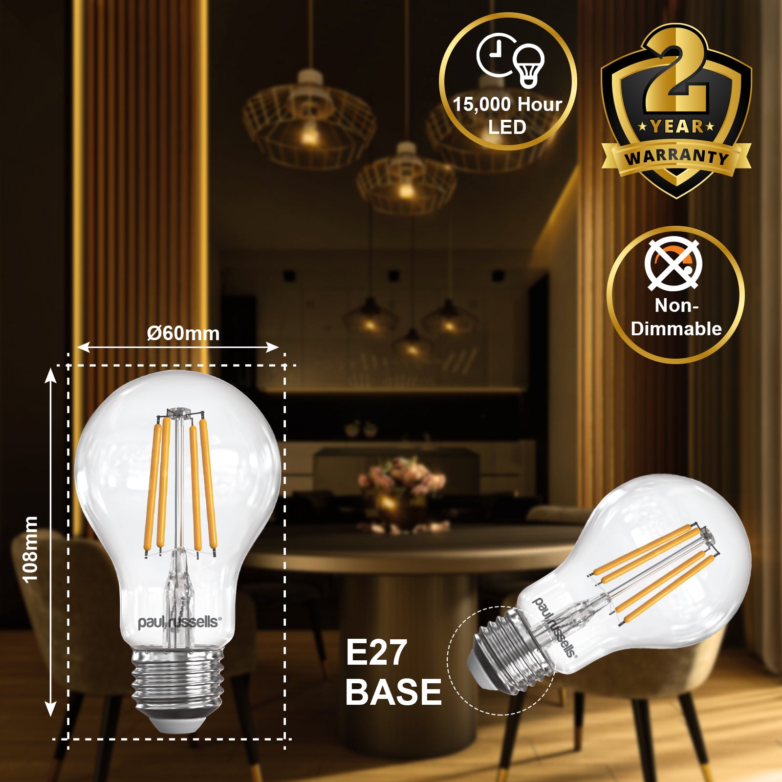 LED Filament GLS 7W (60w), ES/E27, 806 Lumens, Warm White(2700K), 240V