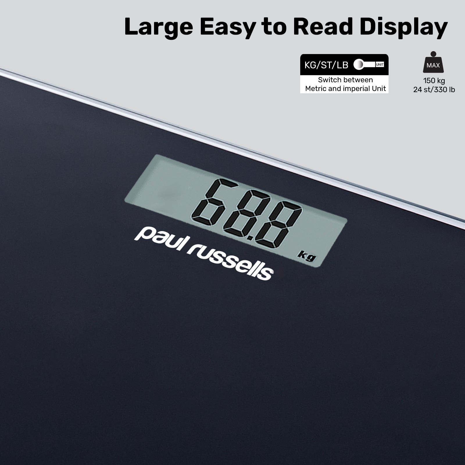 Digital Bathroom Scales, Body Weight, Weighing Scale, 150KG Wide Platform, Black