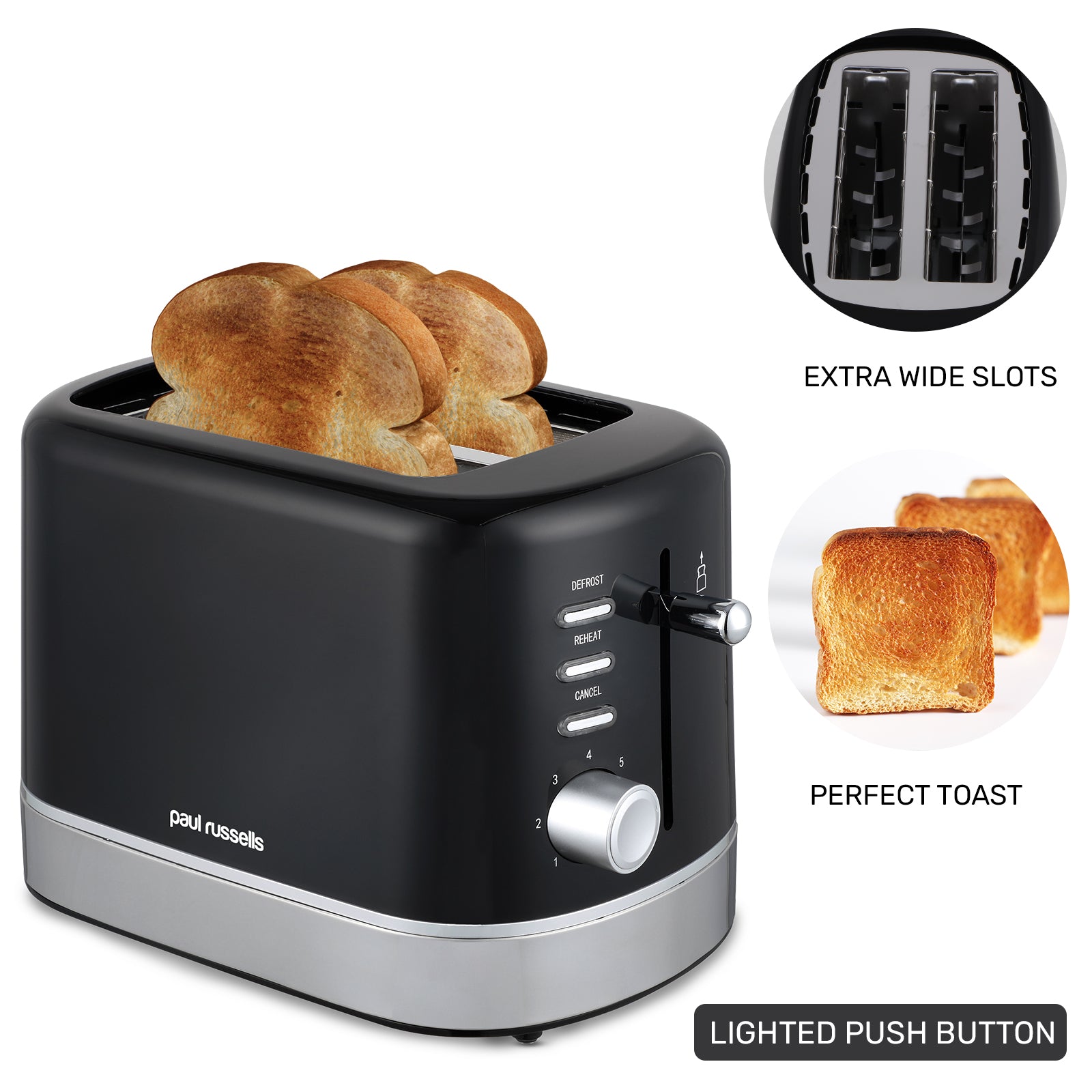 Paul Russells 850W Black with Chrome accent 2-Slice Kitchen Toaster – 7 step Browning Controls, Defrost, Reheat, Cancel Functions, LED Indicator, Cord Storage, Removable Crumb Tray – Fast Toasting