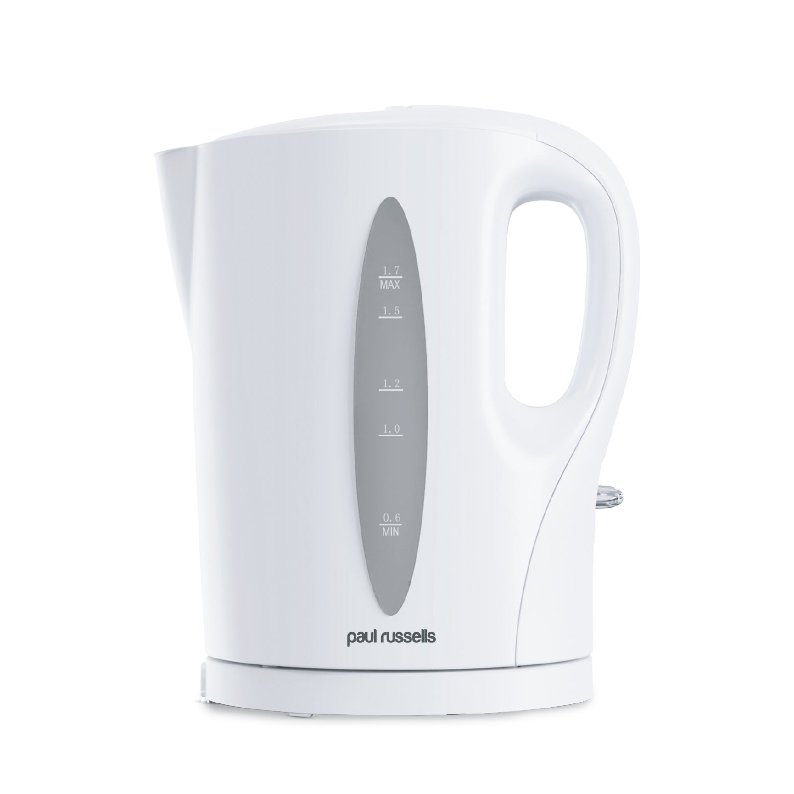 Paul Russells White Plastic Kettle - 1.7L Capacity, Perfect for 7 Cups, Family Size, Clear Water Window, LED Indicator, 2200w Quite boil, Sleek and Simple, Boil Dry Protection, Cord-free Serving.