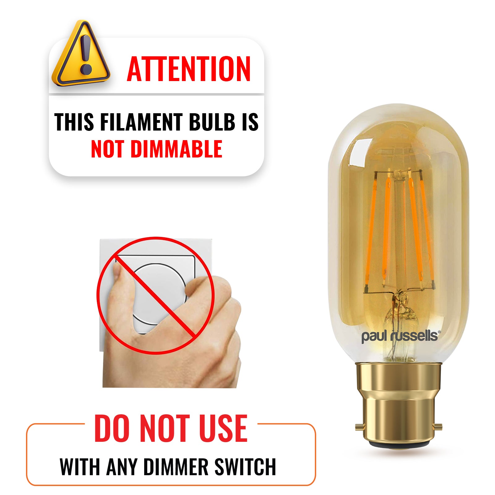 LED Filament T45 4.5W (35w), BC/B22, 400 Lumens, Extra Warm White(2200K), 240V
