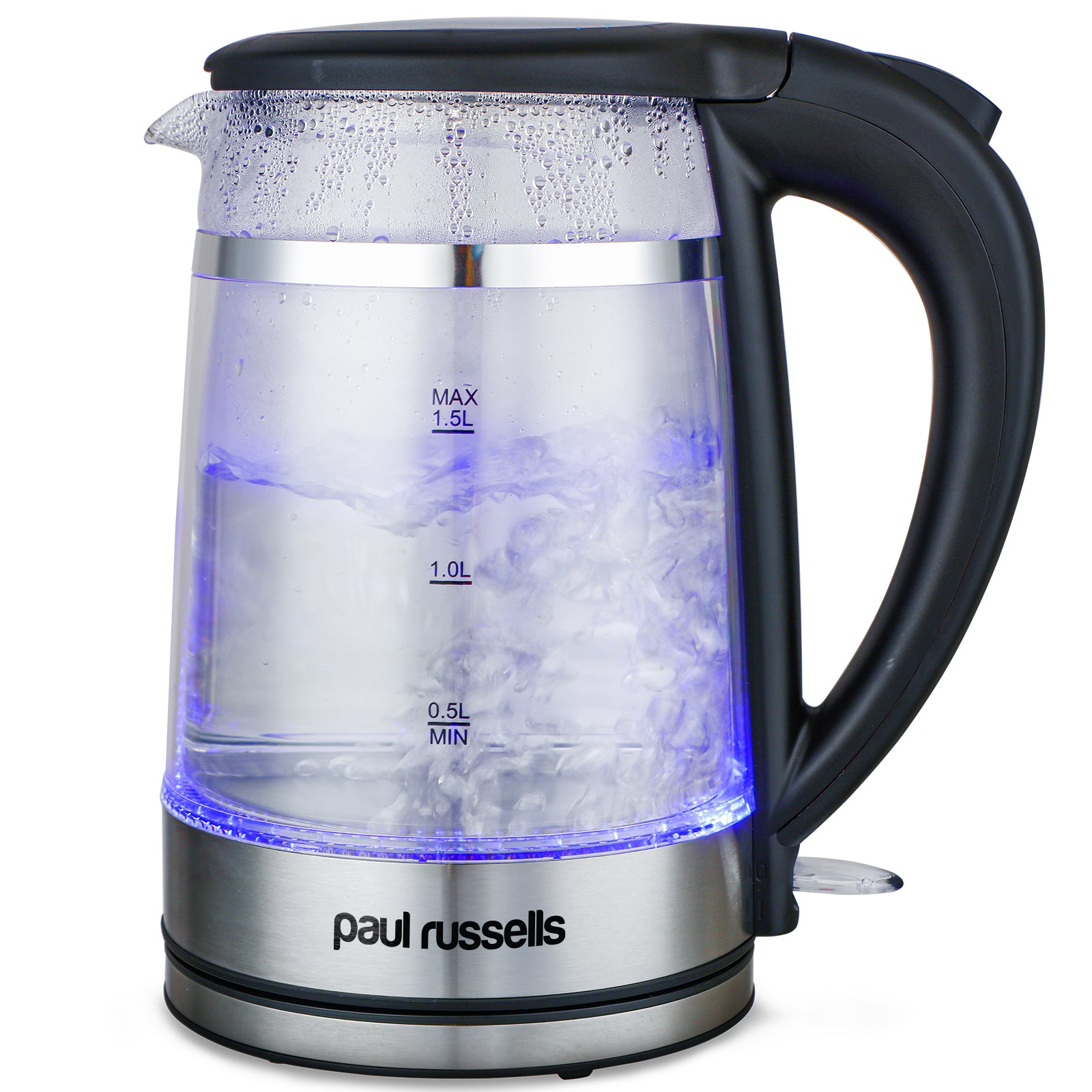 Paul Russells Electric Kettle, Quiet fast Boil, Double Layer Glass,3000W 1.5L with Blue LED, Boil-Dry Protection, Stainless Steel plate, Fast Boil Hot water dispenser, Instant Kettle, Black