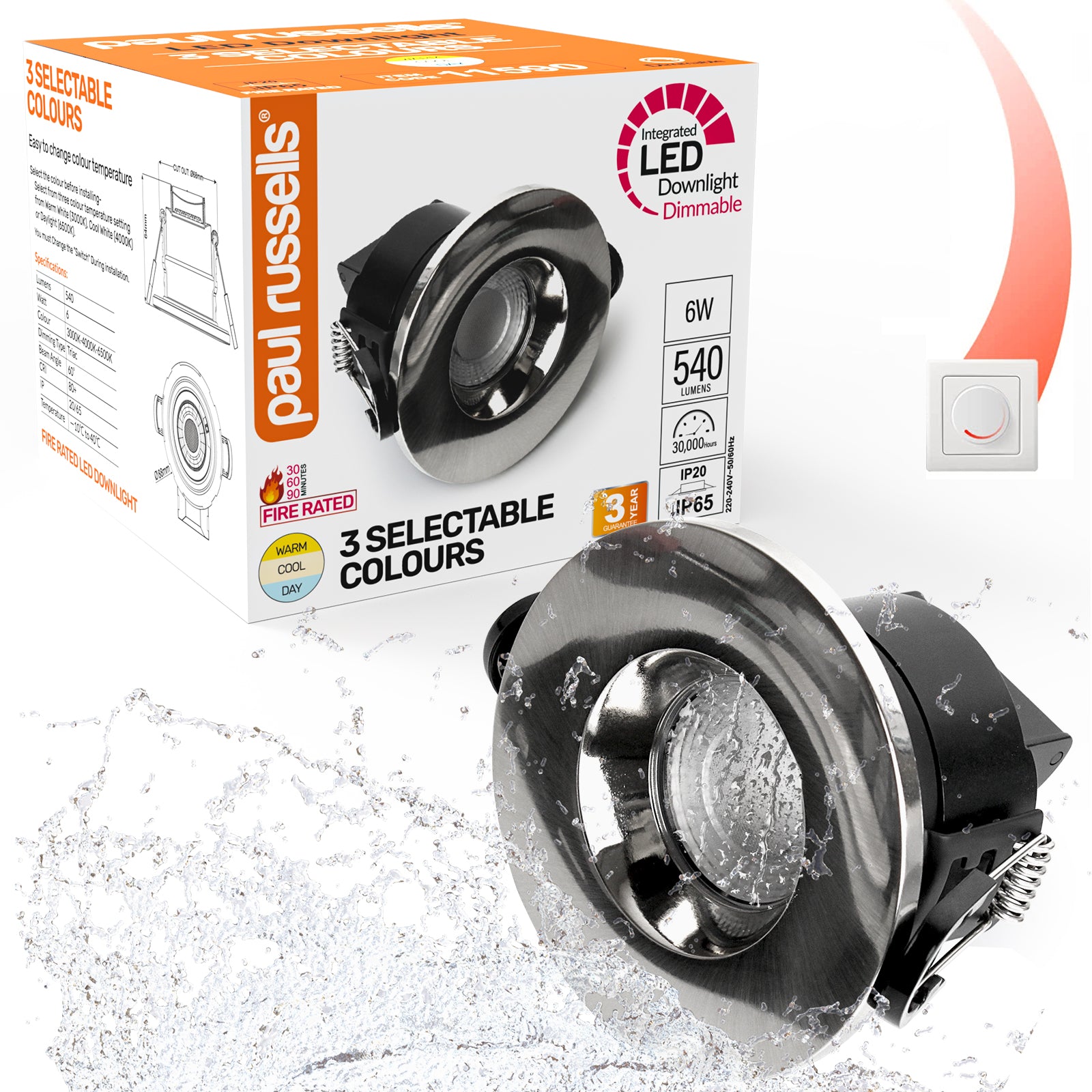 Paul Russells 6W LED Fire Rated Downlight, Dimmable Warm/Cool/Day White 3 Adjustable CCT, IP65, Brush Nickel Bezel