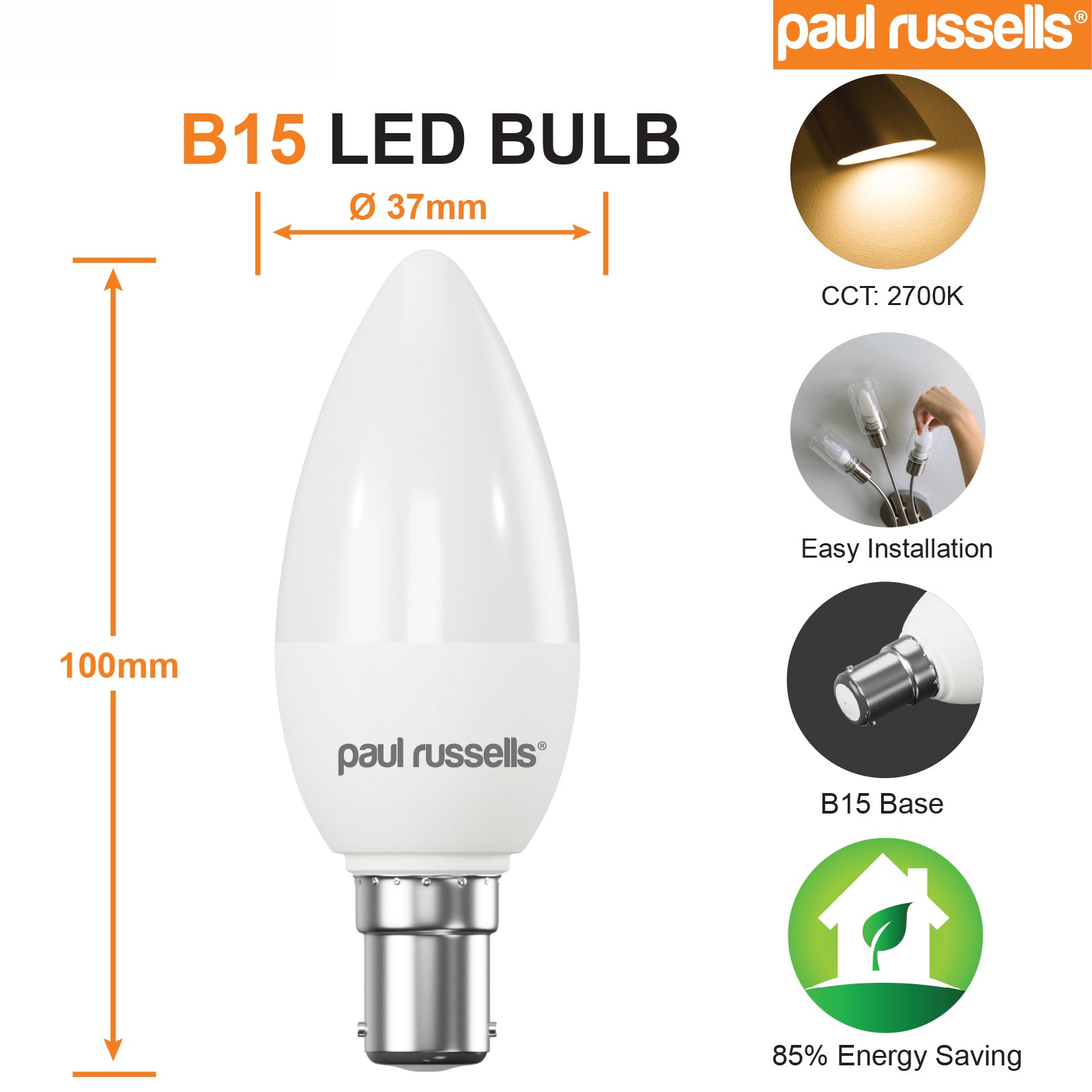 LED Candle 4.9W (40w), SBC/B15, 470 Lumens, Warm White(2700K), 240V
