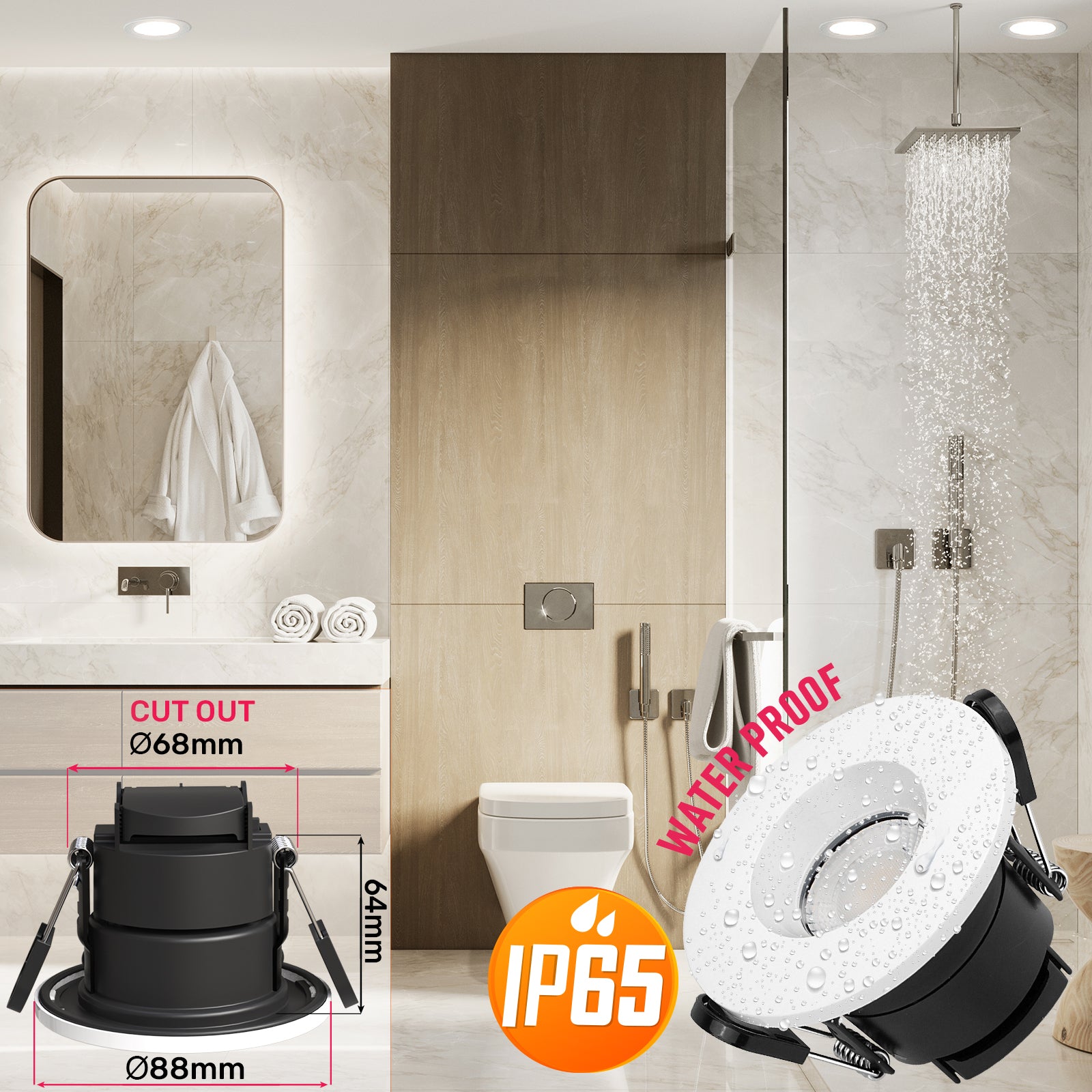 Paul Russells 6W LED Fire Rated Downlight, Dimmable Warm/Cool/Day White 3 Adjustable CCT, IP65, White Bezel