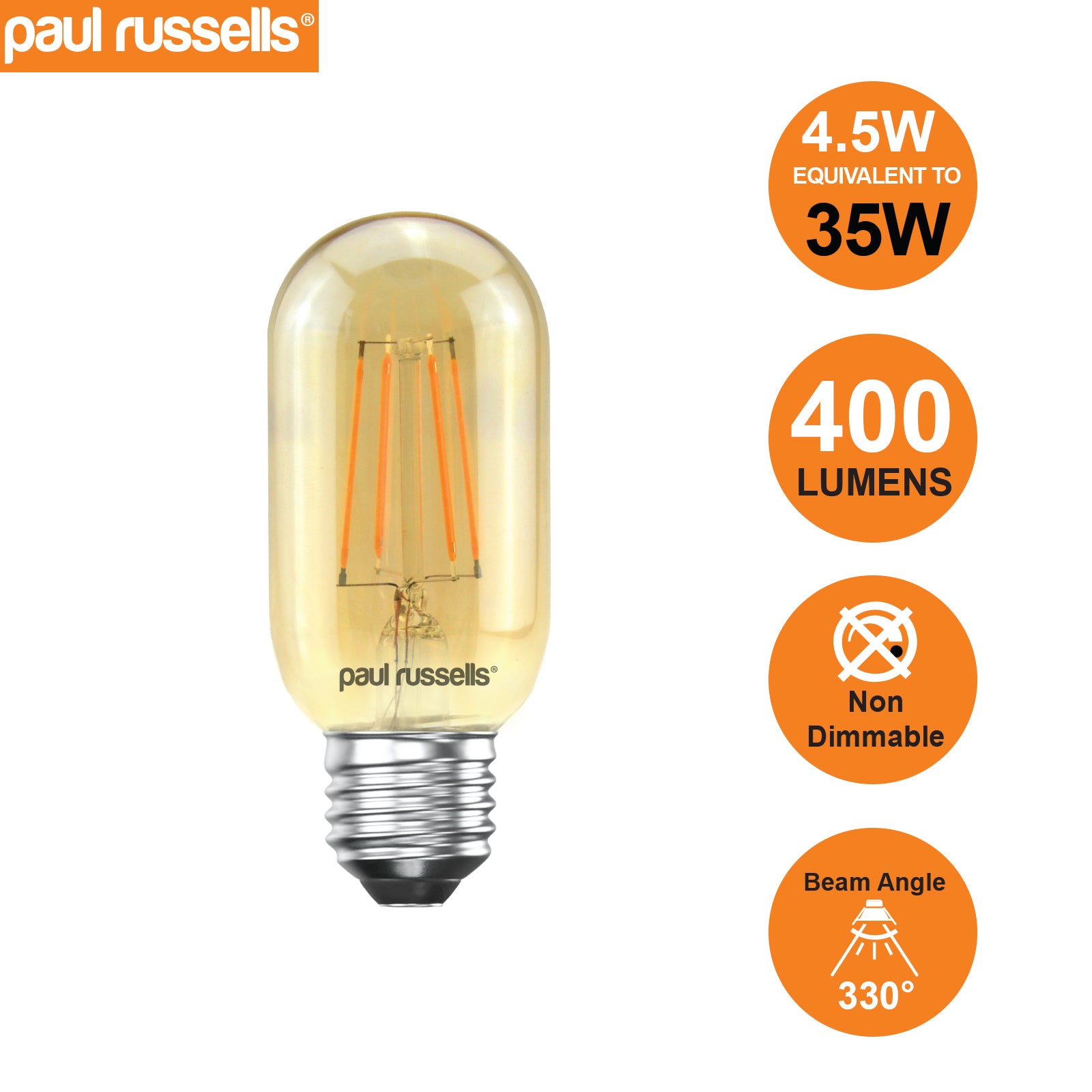 LED Filament T45 4.5W (35w), ES/E27, 400 Lumens, Extra Warm White(2200K), 240V