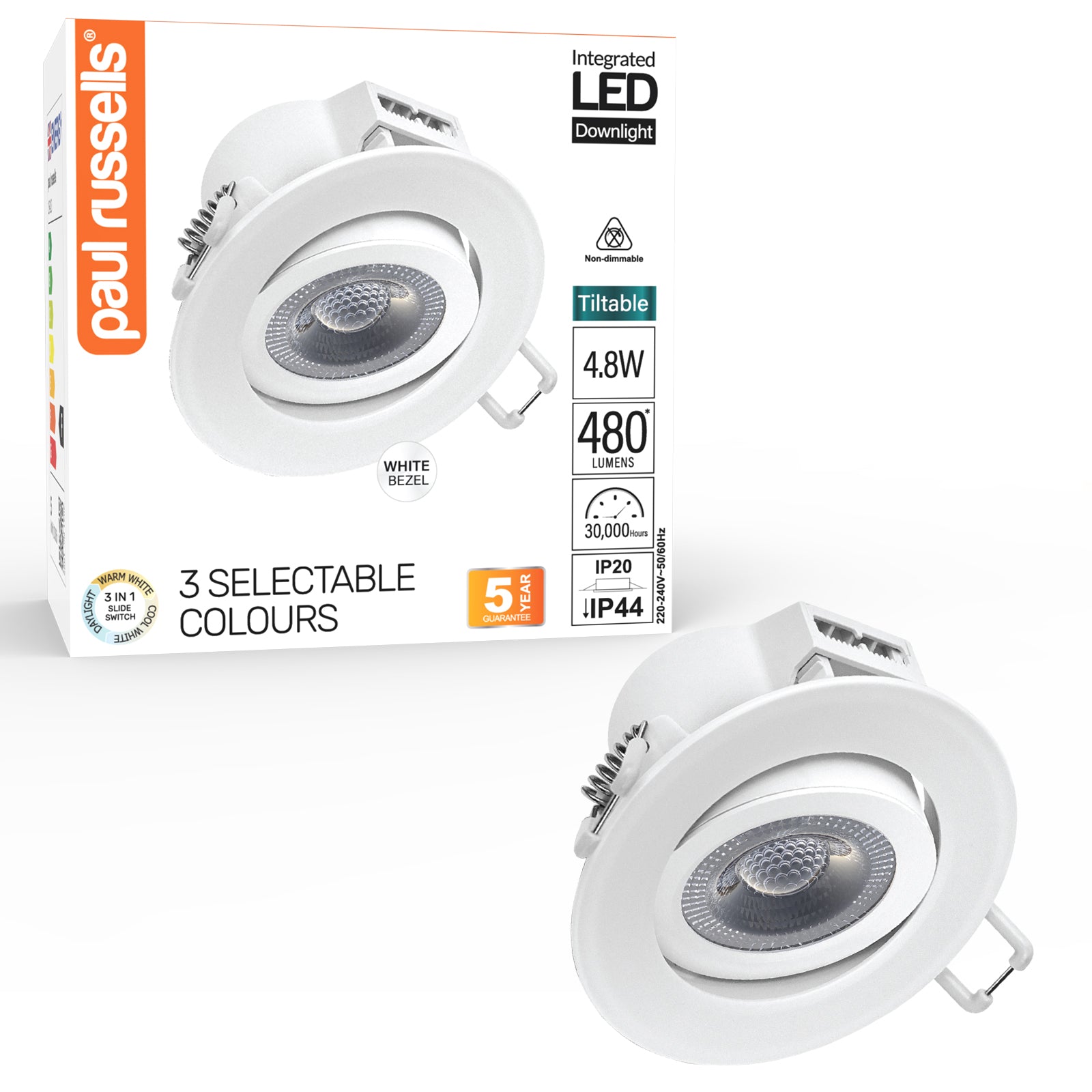 Paul Russells 4.8W LED Non Fire Rated Tiltable Downlight, Warm/Cool/Day White 3 Adjustable CCT, IP44, White Bezel