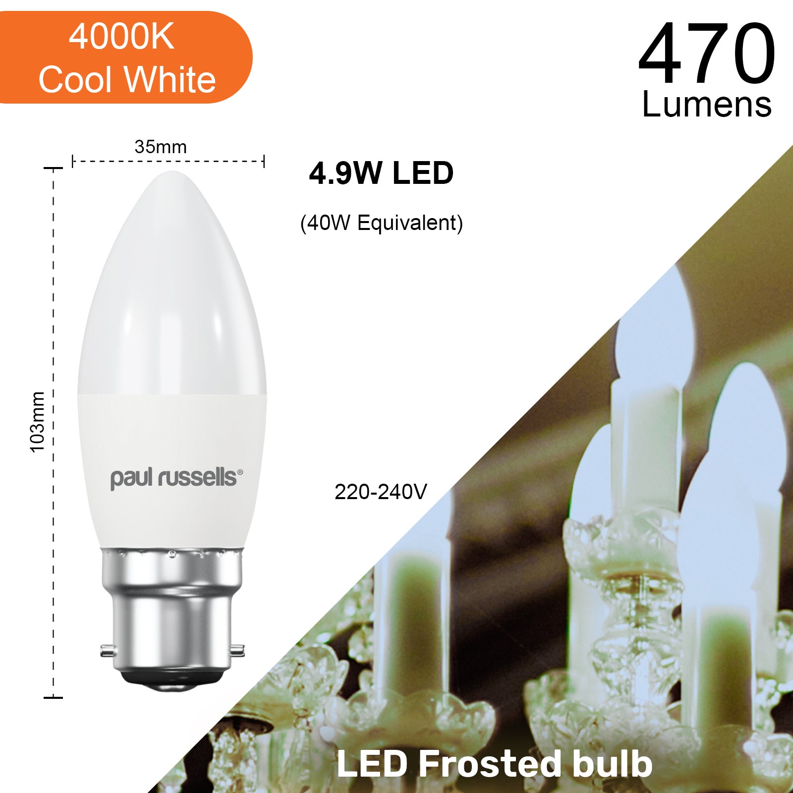 LED Candle 4.9W (40w), BC/B22, 470 Lumens, Cool White(4000K), 240V