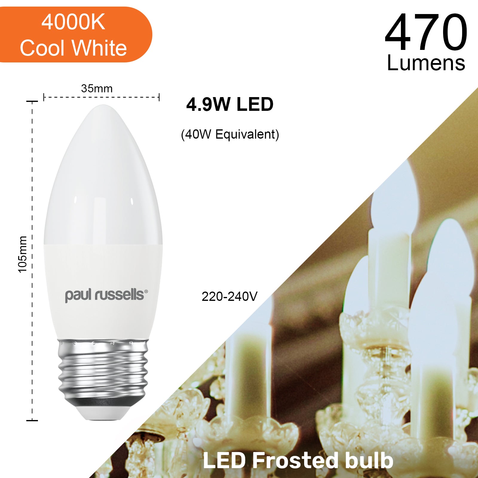 LED Candle 4.9W (40w), ES/E27, 470 Lumens, Cool White(4000K), 240V