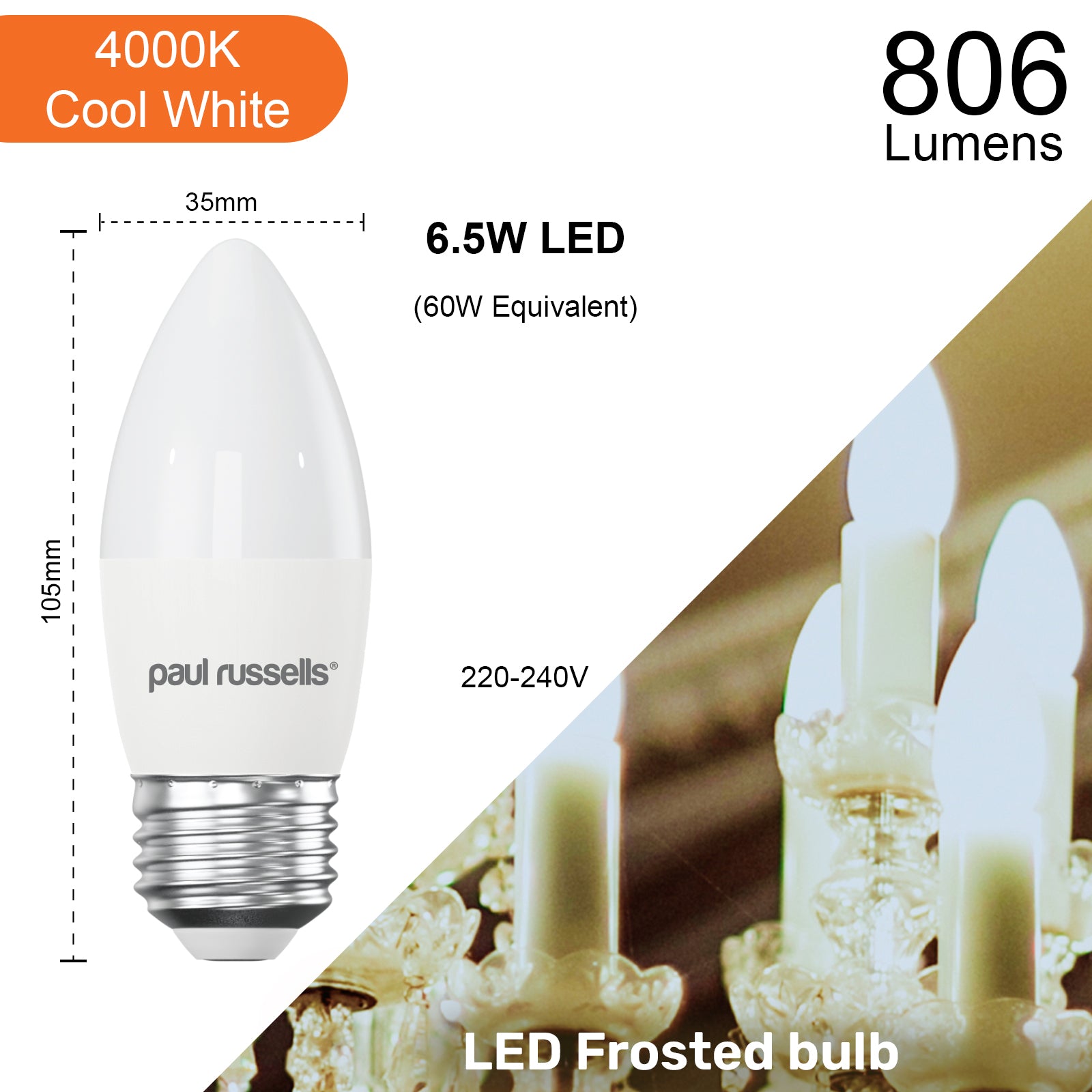 LED Candle 6.5W (60w), ES/E27, 806 Lumens, Cool White(4000K), 240V