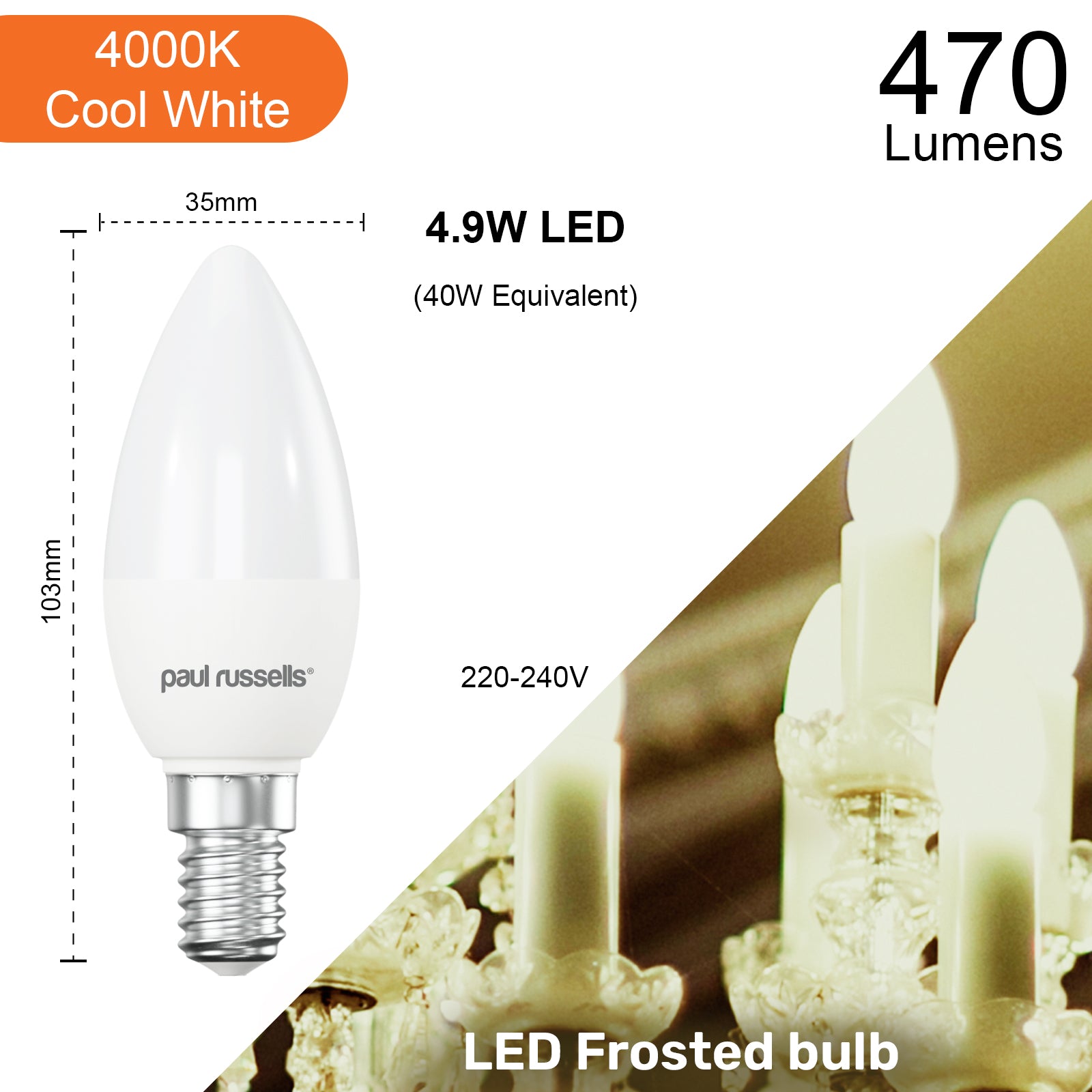 LED Candle 4.9W (40w), SES/E14, 470 Lumens, Cool White(4000K), 240V