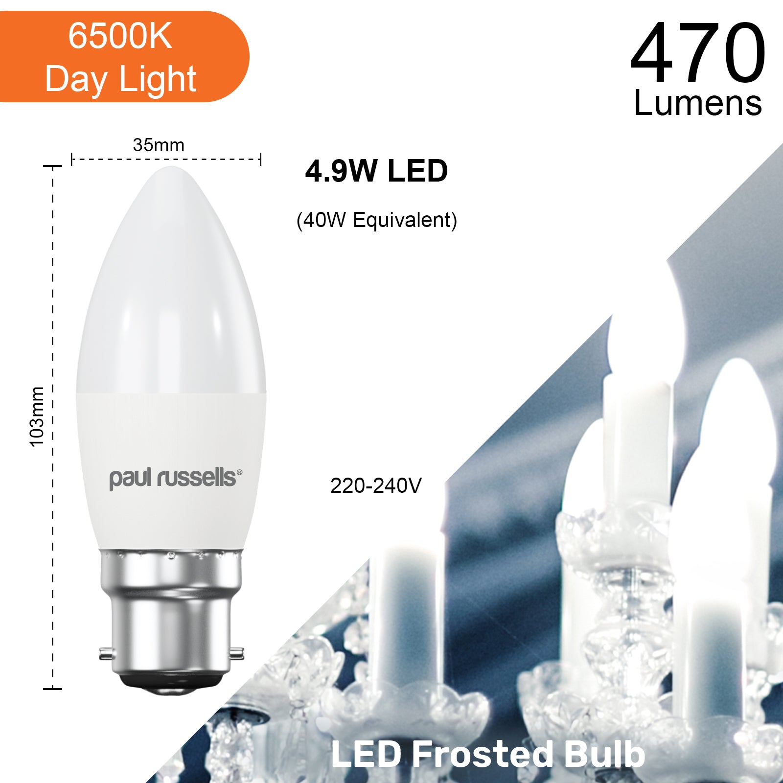 LED Candle 4.9W (40w), BC/B22, 470 Lumens, Day Light(6500K), 240V