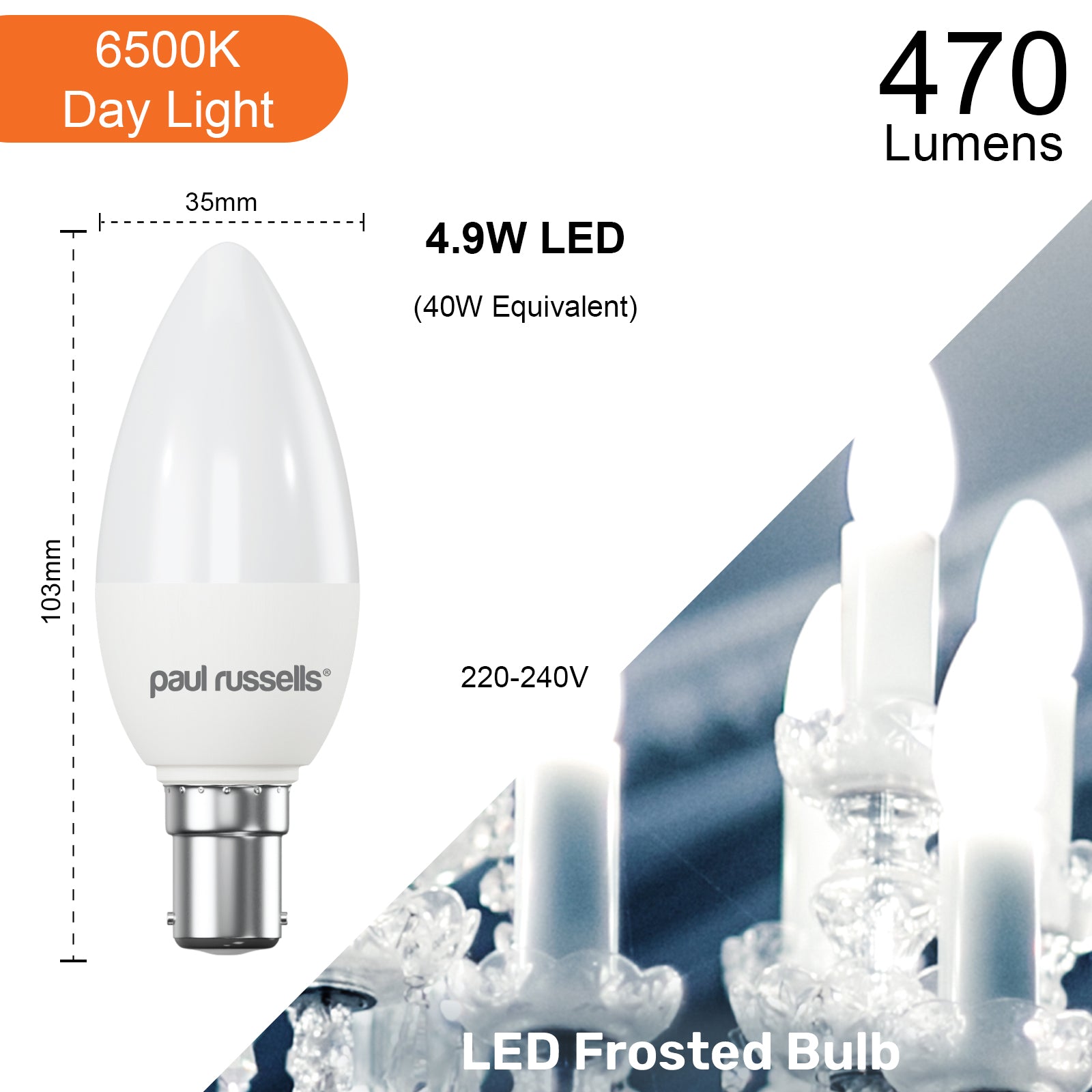 LED Candle 4.9W (40w), SBC/B15, 470 Lumens, Day Light(6500K), 240V