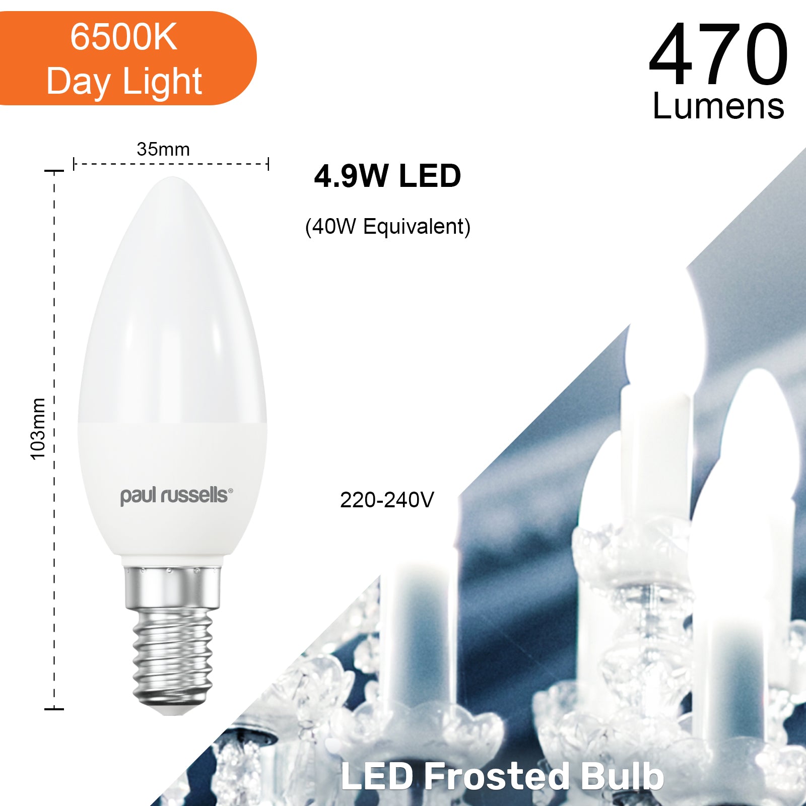 LED Candle 4.9W (40w), SES/E14, 470 Lumens, Day Light(6500K), 240V