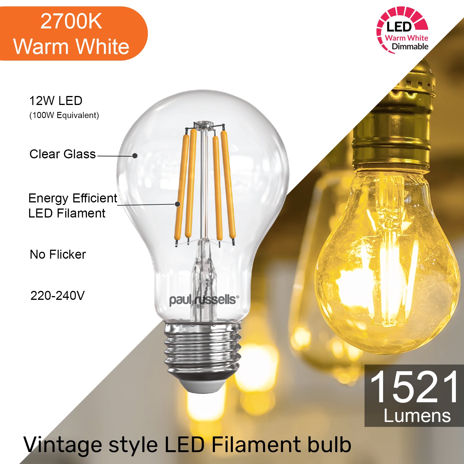 LED Dimmable Filament GLS 12W (100w), ES/E27, 1521 Lumens, Warm White(2700K), 240V