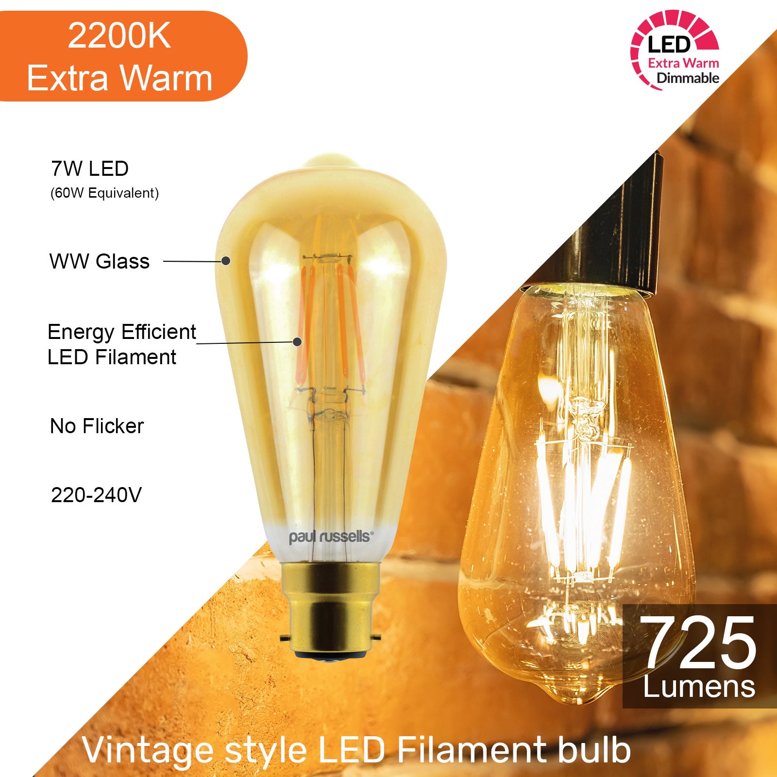 LED Dimmable Filament ST64 7W (60w), BC/B22, 725 Lumens, Extra Warm White(2200K), 240V