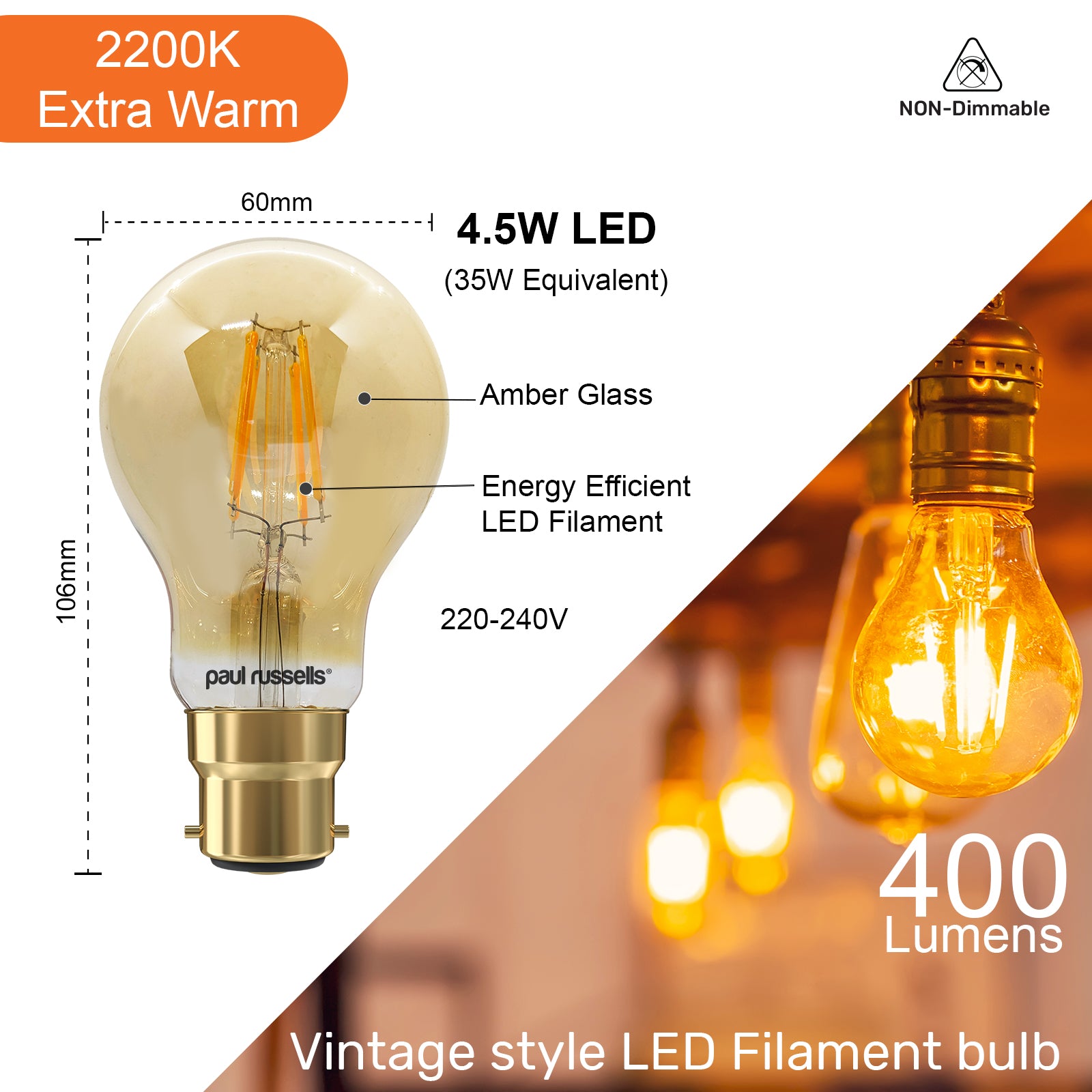 LED Filament GLS 4.5W (35w), BC/B22, 400 Lumens, Extra Warm White(2200K), 240V