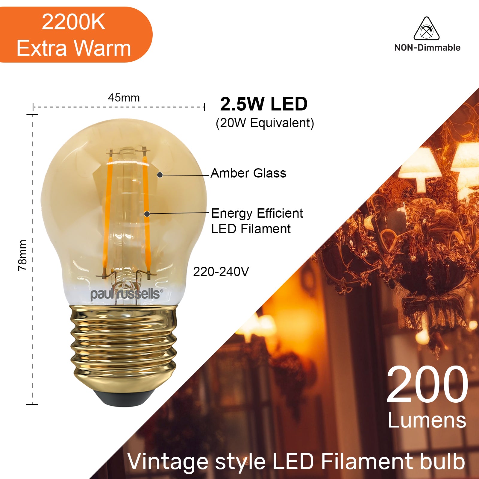 LED Filament Golf 2.5W (20w), ES/E27, 200 Lumens, Extra Warm White(2200K), 240V