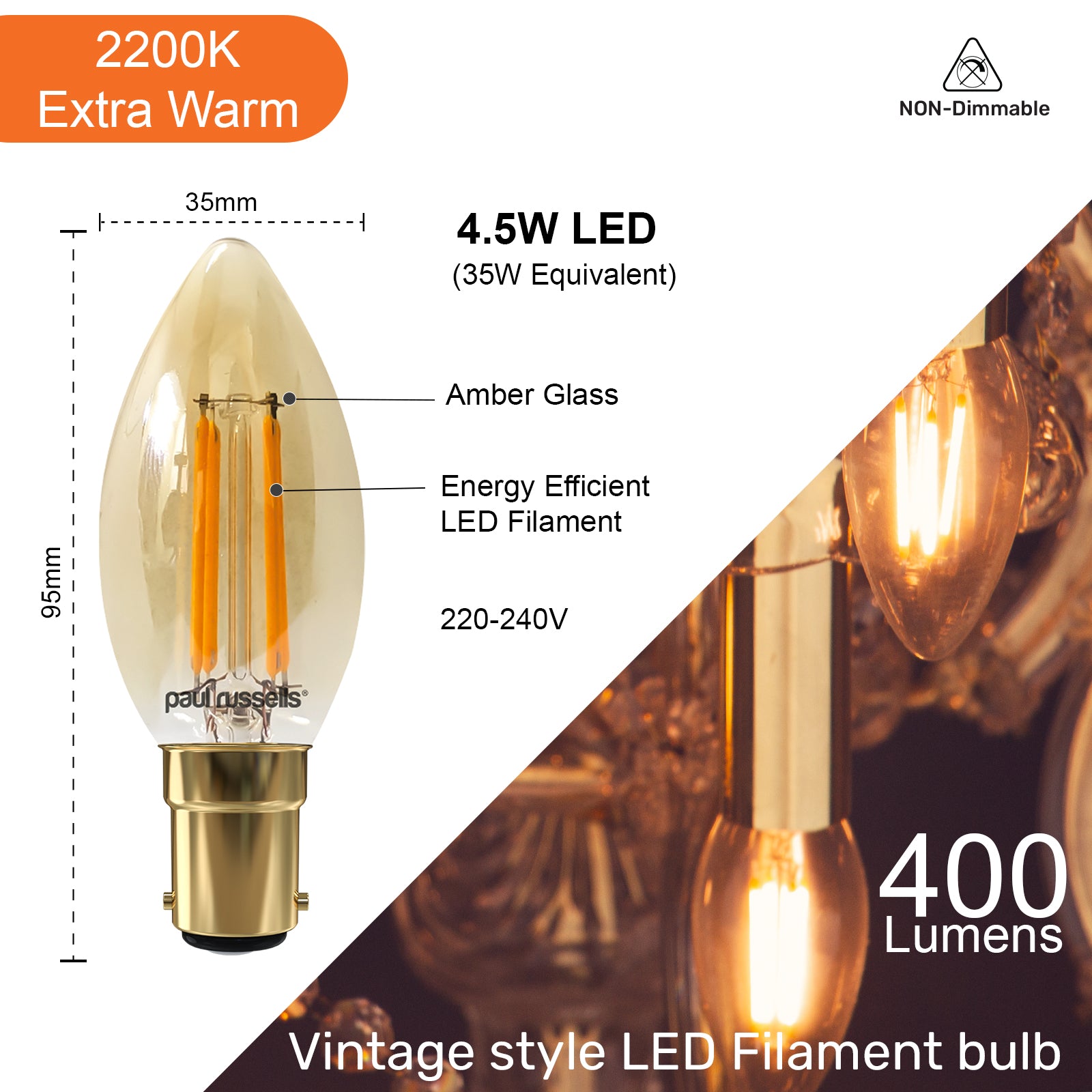 LED Filament Candle 4.5W (35w), SBC/B15, 400 Lumens, Extra Warm White(2200K), 240V