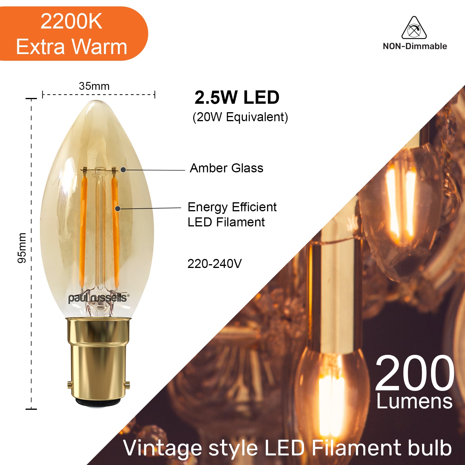 LED Filament Candle 2.5W (20w), SBC/B15, 200 Lumens, Extra Warm White(2200K), 240V