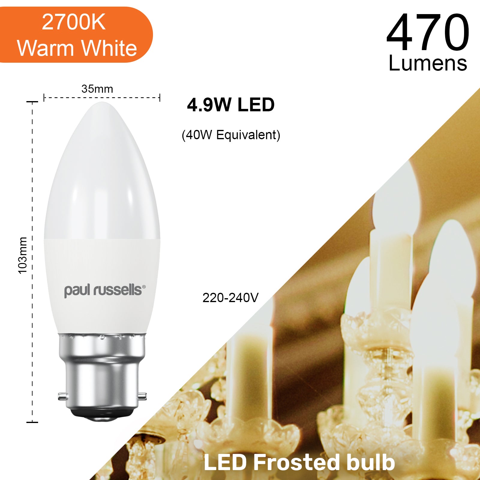 LED Candle 4.9W (40w), BC/B22, 470 Lumens, Warm White(2700K), 240V