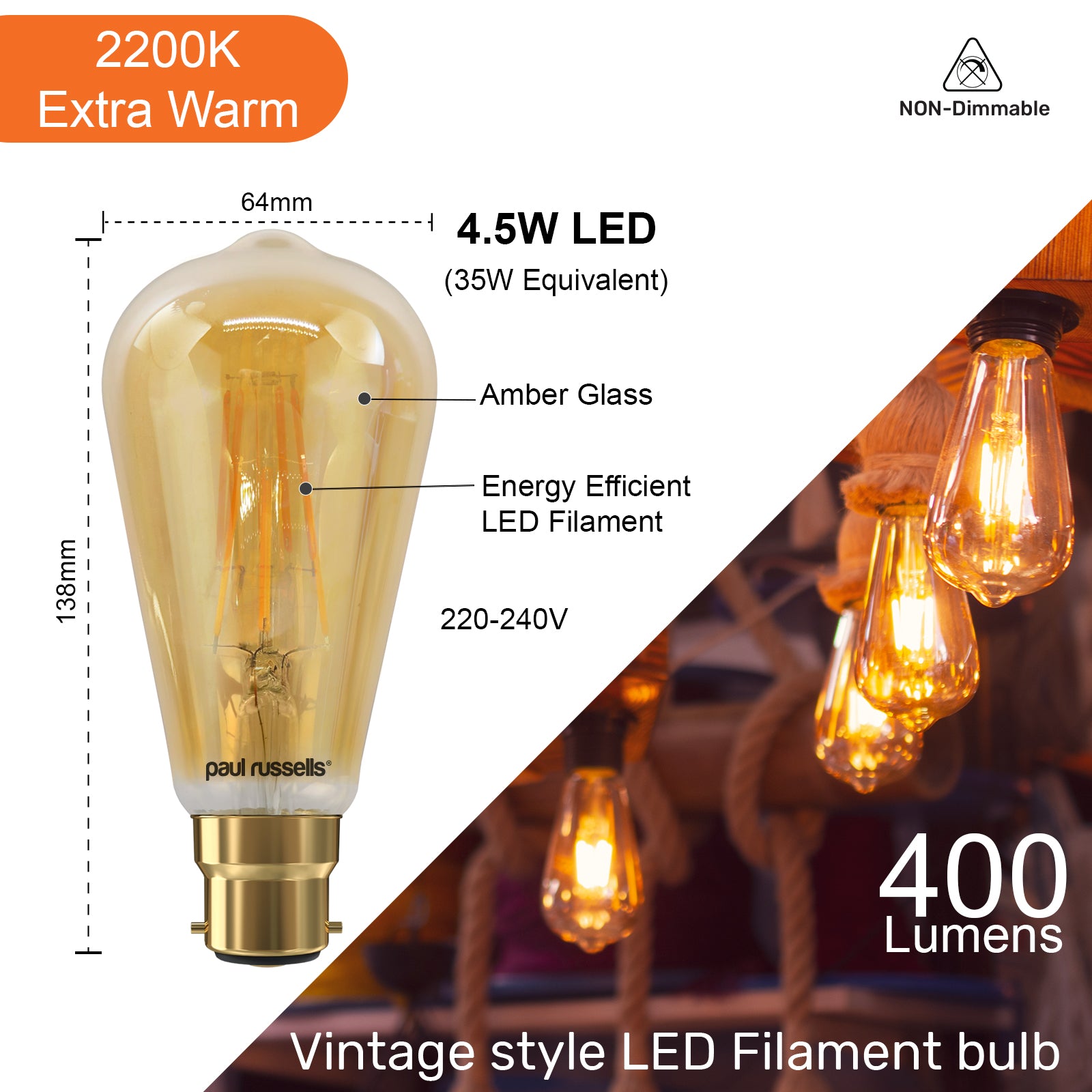 LED Filament ST64 4.5W (35w), BC/B22, 400 Lumens, Extra Warm White(2200K), 240V