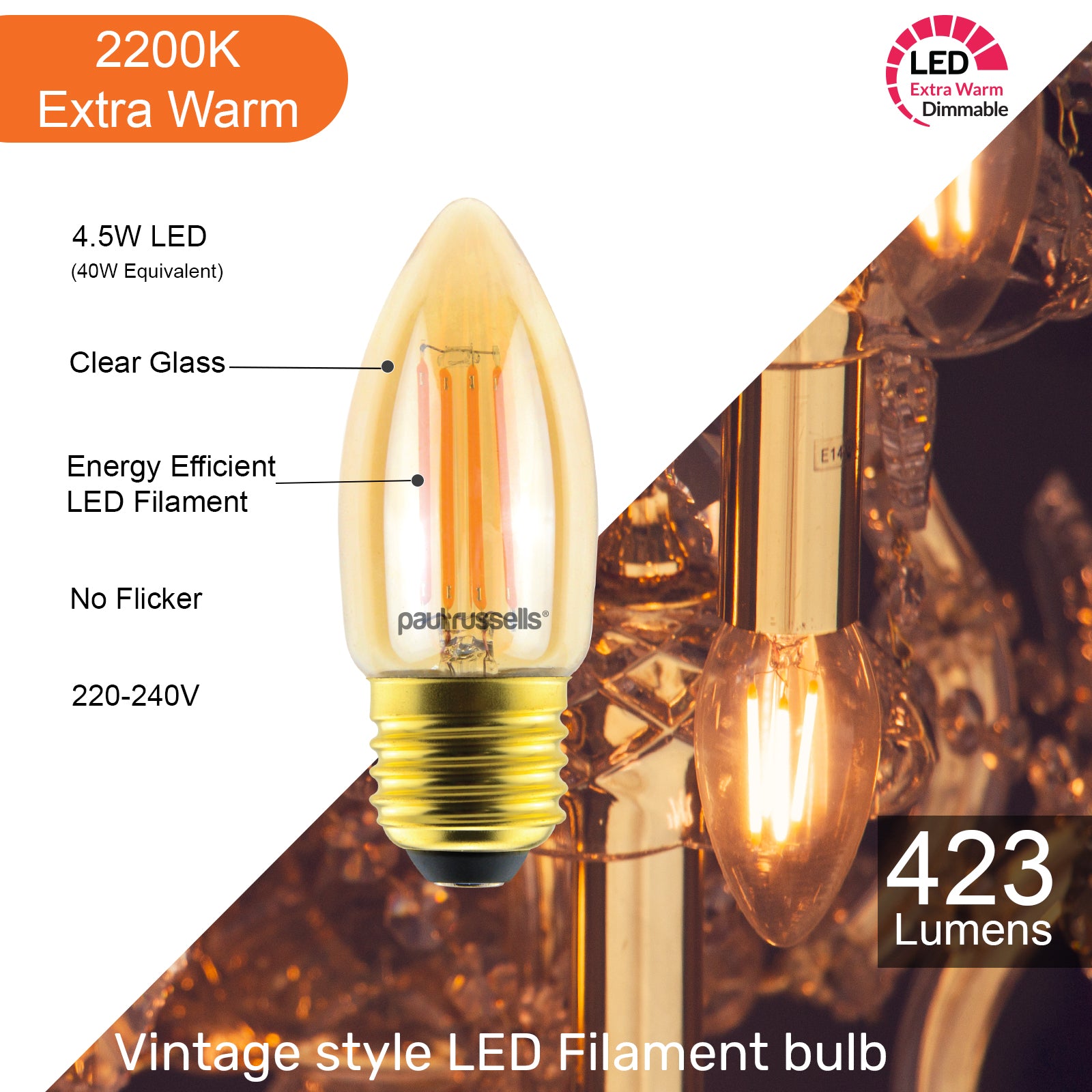 LED Dimmable Filament Candle 4.5W (40w), ES/E27, 423 Lumens, Extra Warm White(2200K), 240V