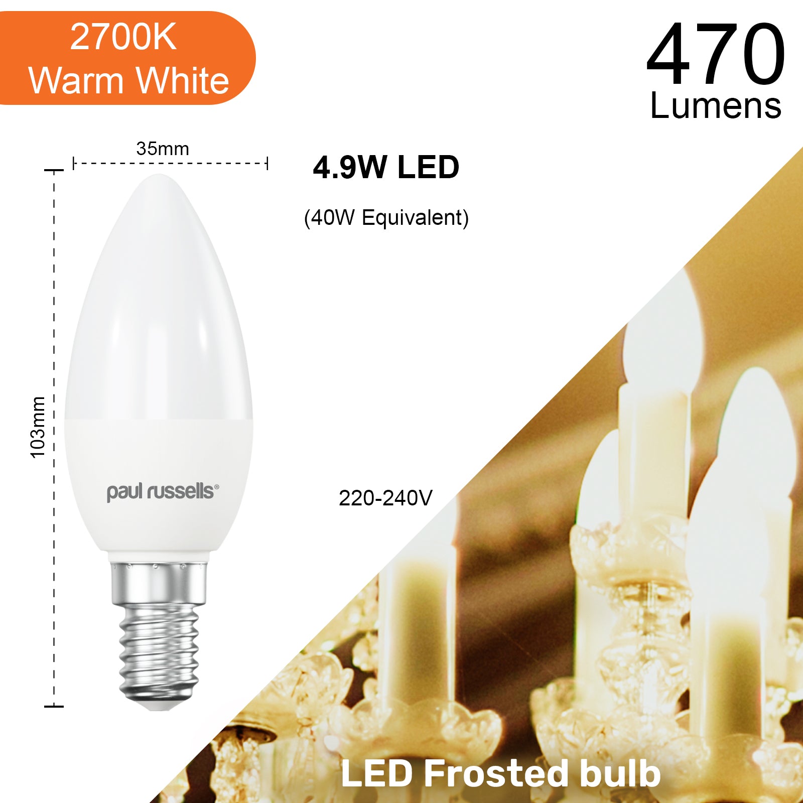 LED Candle 4.9W (40w), SES/E14, 470 Lumens, Warm White(2700K), 240V