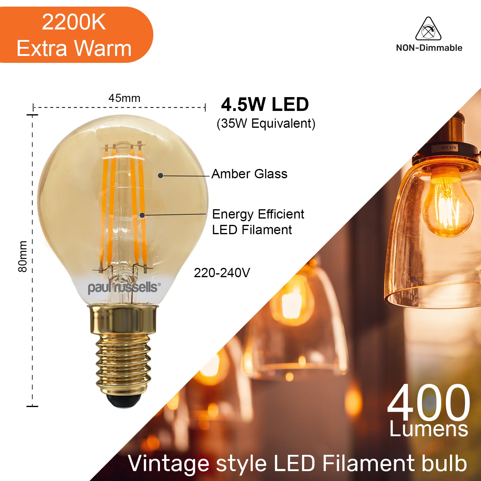 LED Filament Golf 4.5W (35w), SES/E14, 400 Lumens, Extra Warm White(2200K), 240V