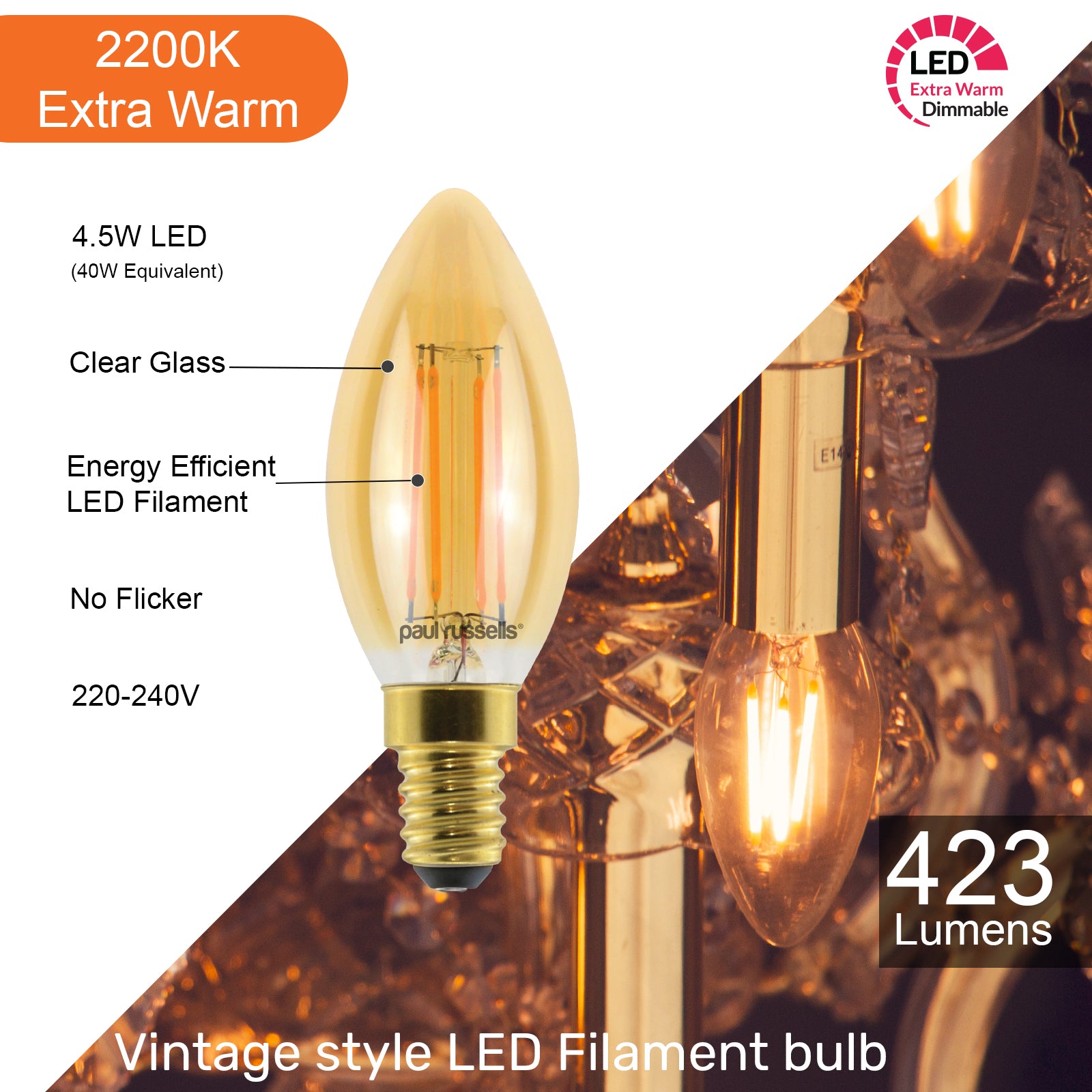 LED Dimmable Filament Candle 4.5W (40w), SES/E14, 423 Lumens, Extra Warm White(2200K), 240V