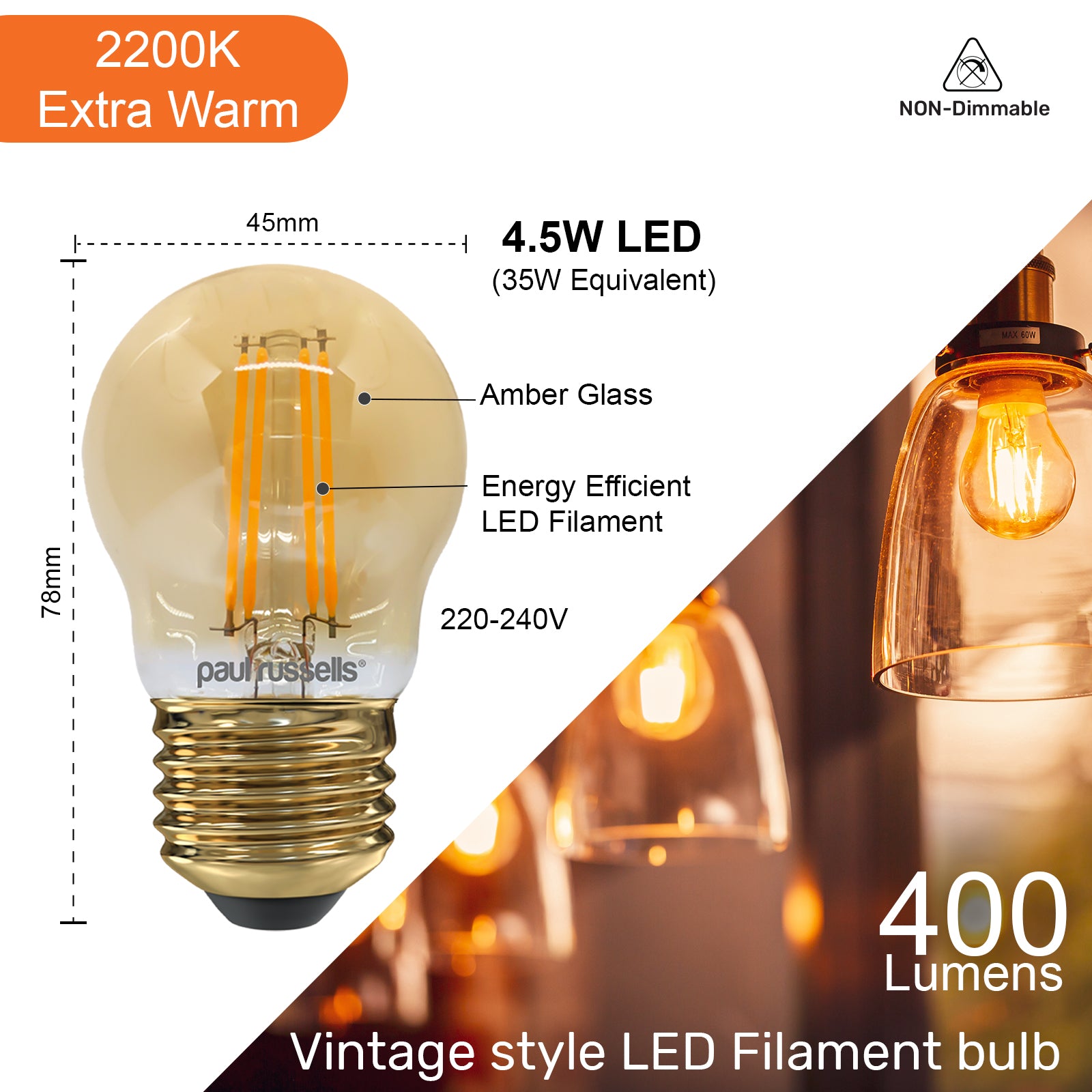 LED Filament Golf 4.5W (35w), ES/E27, 400 Lumens, Extra Warm White(2200K), 240V