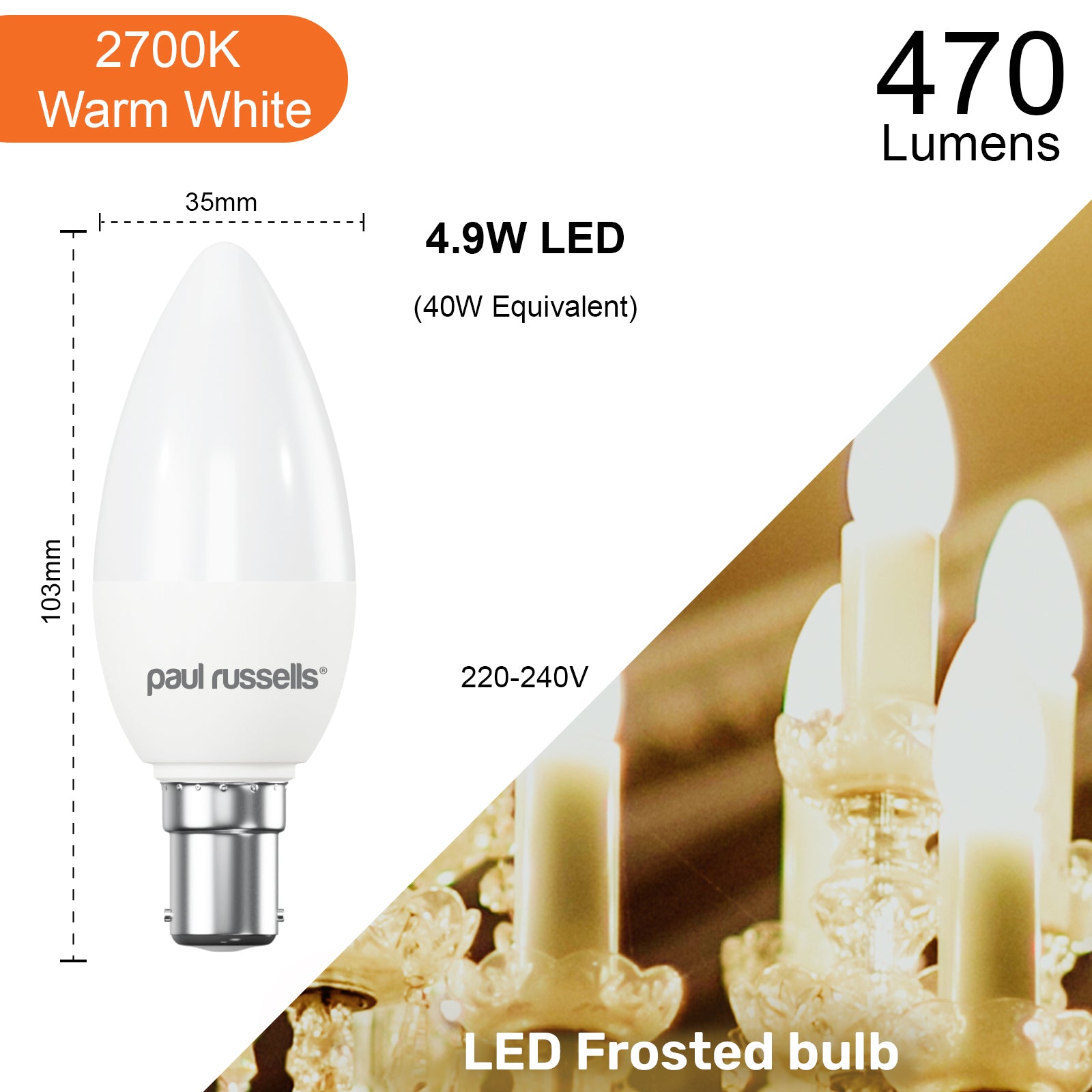 LED Candle 4.9W (40w), SBC/B15, 470 Lumens, Warm White(2700K), 240V