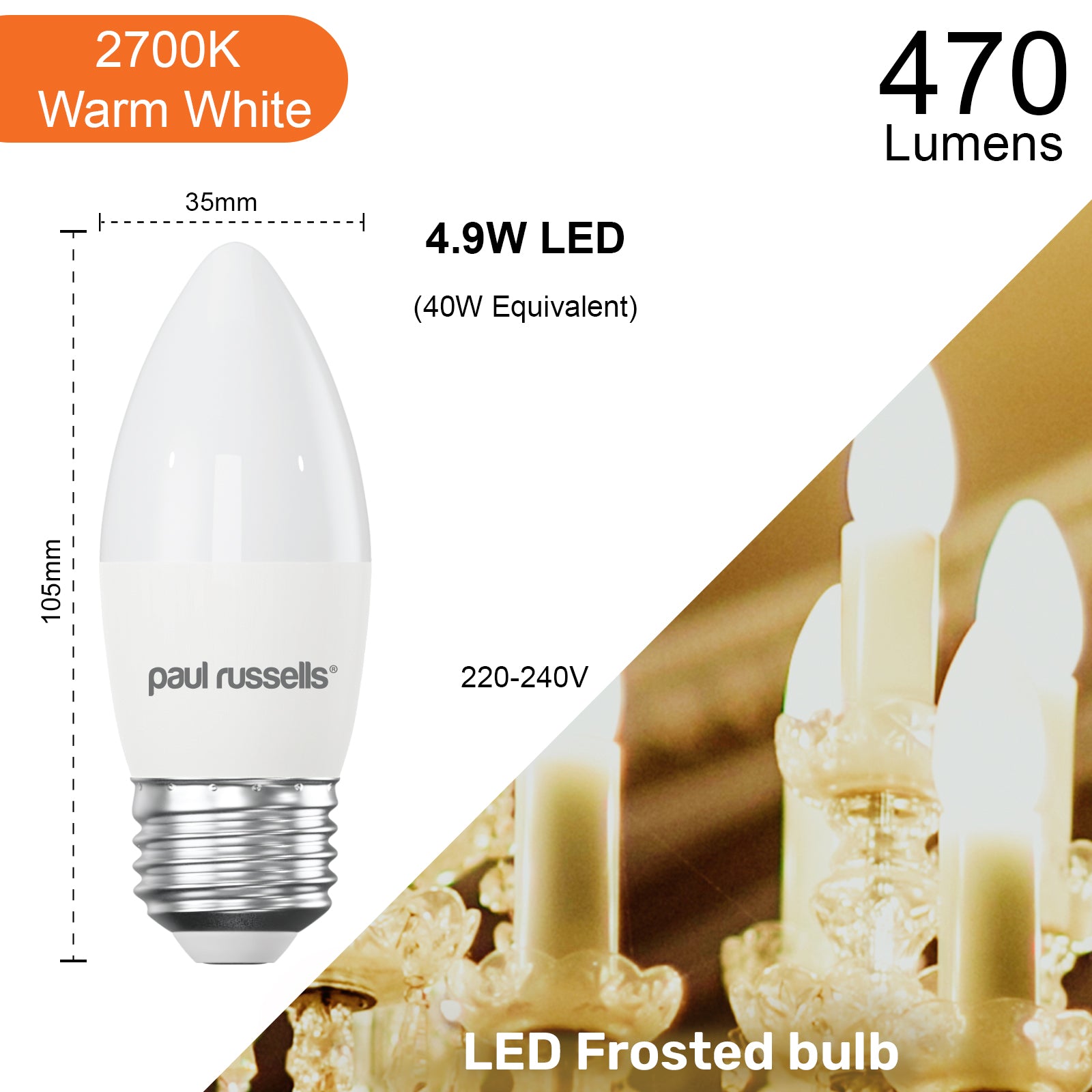 LED Candle 4.9W (40w), ES/E27, 470 Lumens, Warm White(2700K), 240V